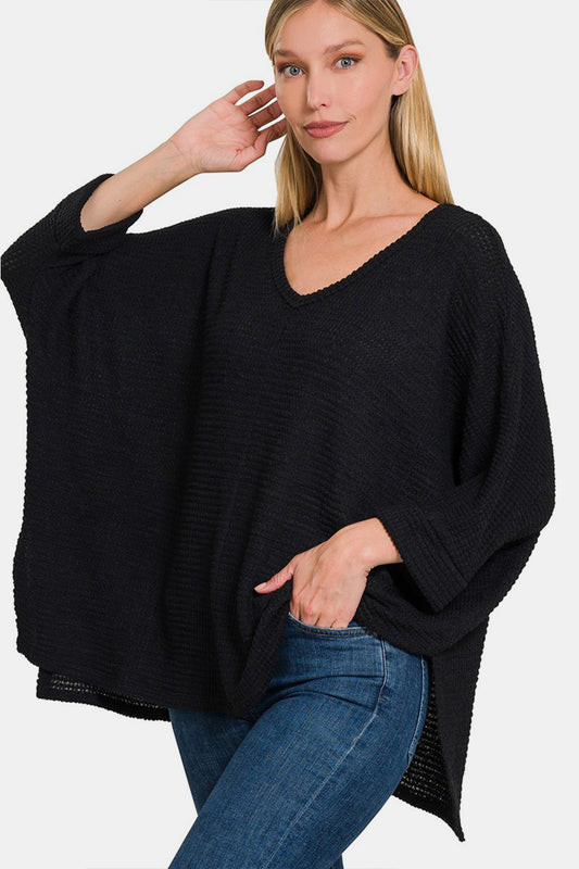 Zenana Full Size Waffle Knit V-Neck Long Sleeve Slit Top-TOPS / DRESSES-[Adult]-[Female]-Black-S/M-2022 Online Blue Zone Planet