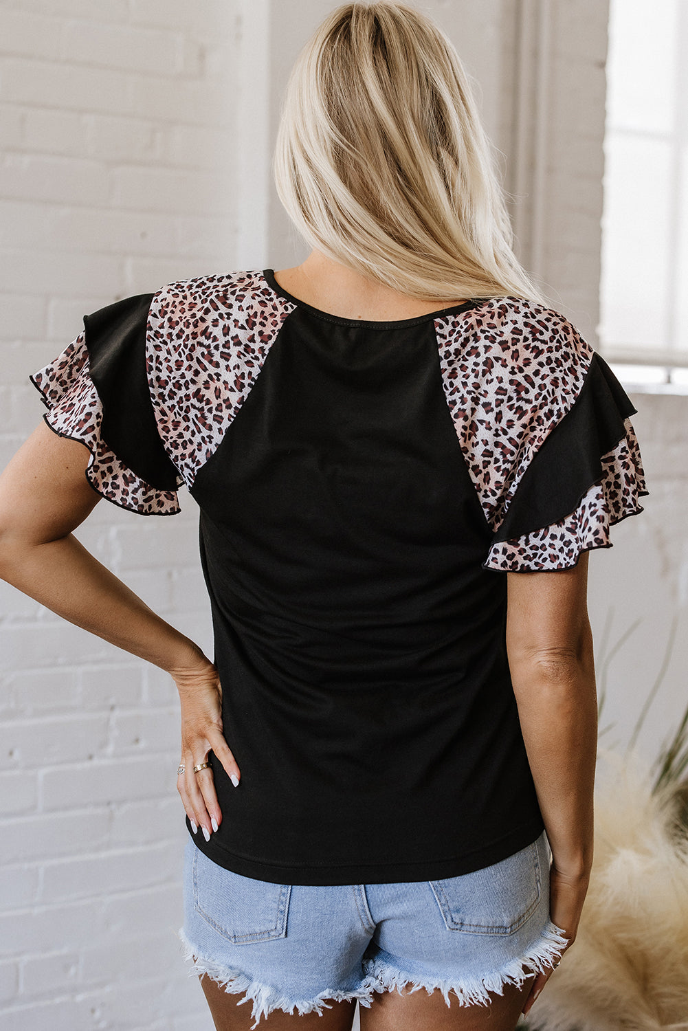 Black Leopard Print Patchwork Ruffled Sleeve V Neck T Shirt-Tops/Tops & Tees-[Adult]-[Female]-2022 Online Blue Zone Planet