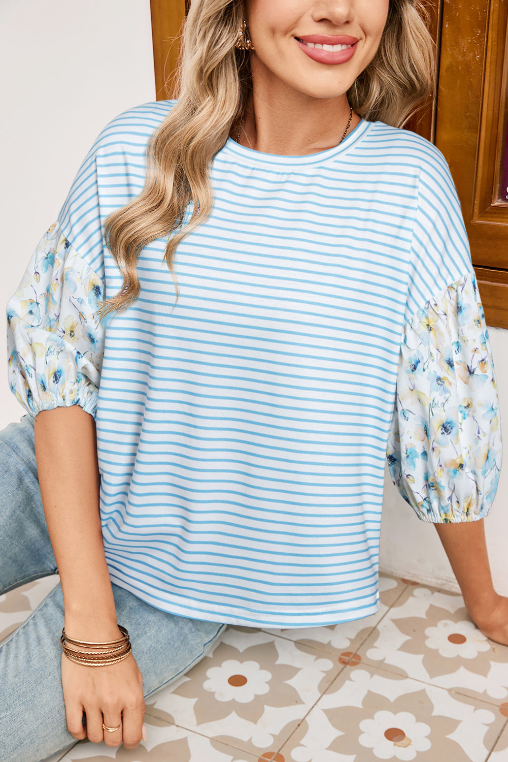 Sky Blue Stripe 3/4 Floral Puff Sleeve Patchwork Drop Shoulder Top-Tops/Blouses & Shirts-[Adult]-[Female]-Sky Blue Stripe-S-2022 Online Blue Zone Planet