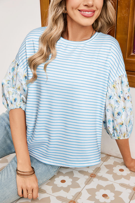 Sky Blue Stripe 3/4 Floral Puff Sleeve Patchwork Drop Shoulder Top-Tops/Blouses & Shirts-[Adult]-[Female]-Sky Blue Stripe-S-2022 Online Blue Zone Planet