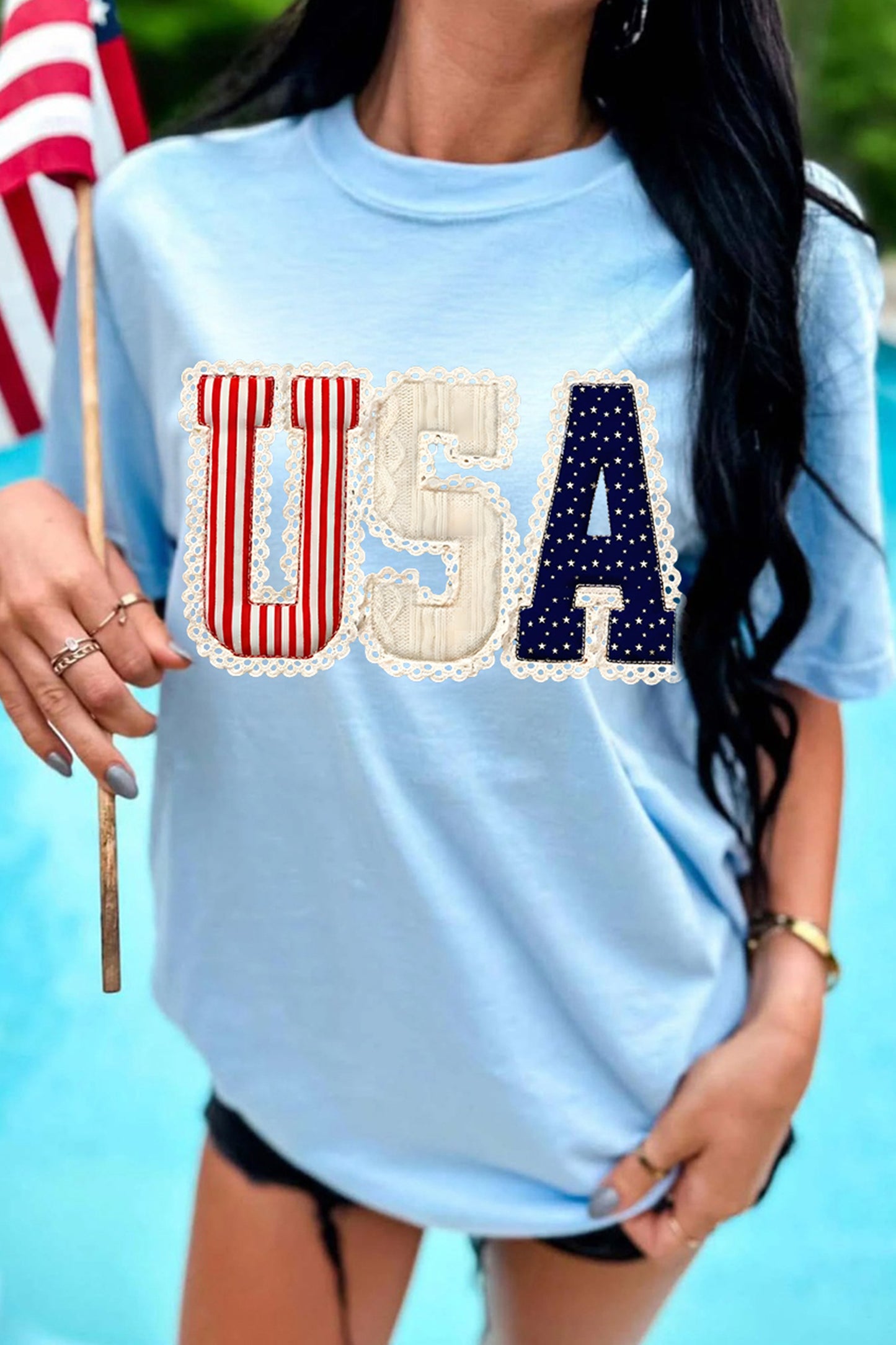 Light Blue Usa Patriotic Printed T Shirt-Graphic/Graphic Tees-[Adult]-[Female]-Light Blue-S-2022 Online Blue Zone Planet