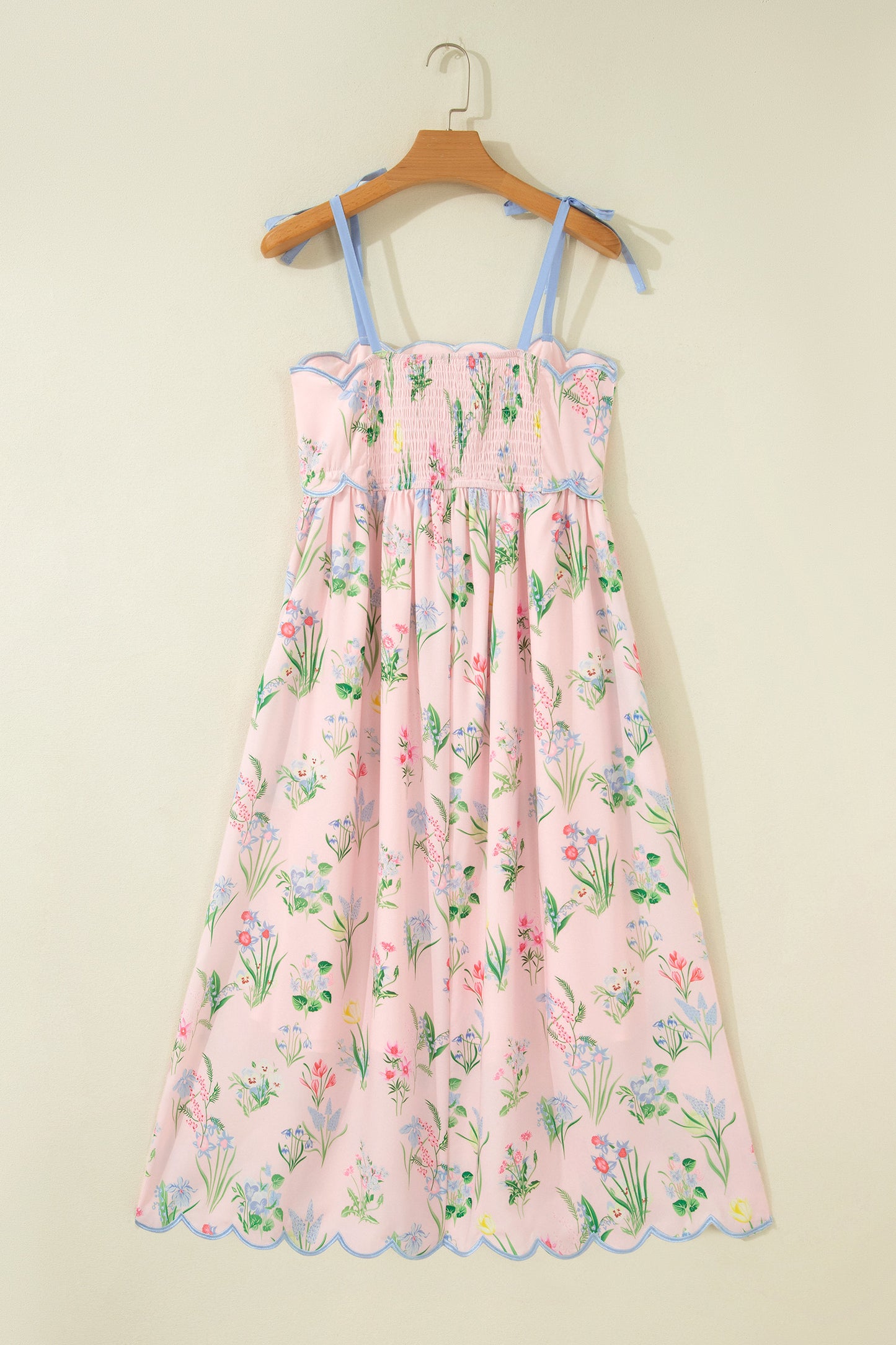 Beige Floral Print Contrast Trim Self-tie Straps High Waist Midi Dress-TOPS / DRESSES-[Adult]-[Female]-2022 Online Blue Zone Planet