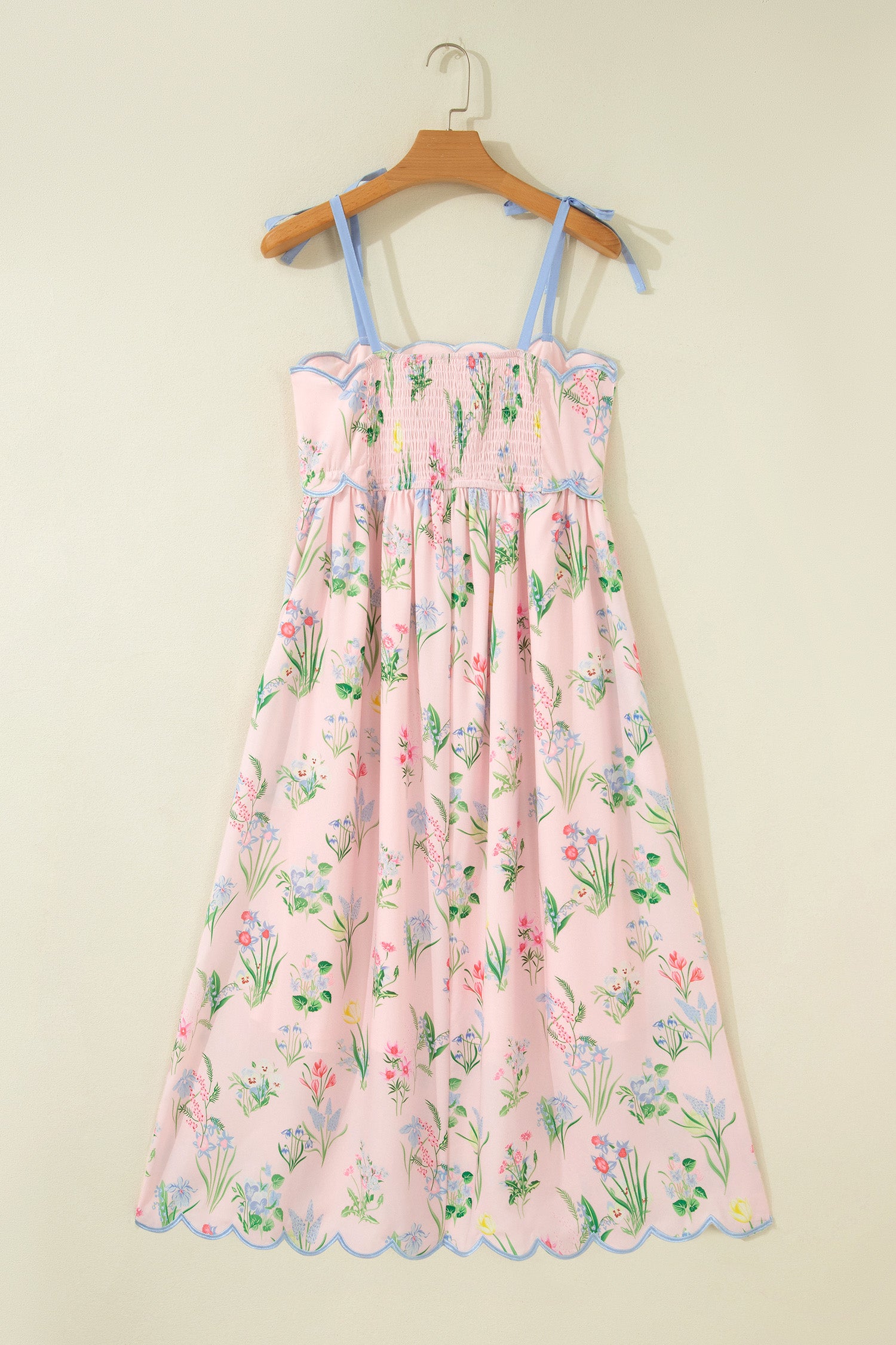Beige Floral Print Contrast Trim Self-tie Straps High Waist Midi Dress-TOPS / DRESSES-[Adult]-[Female]-2022 Online Blue Zone Planet