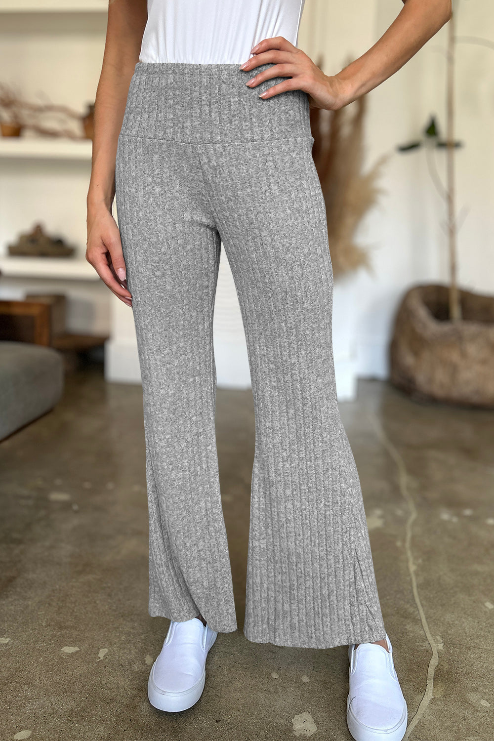 Blue Zone Planet | FAM-FAM Ribbed High Waist Flare Pants-BOTTOMS SIZES SMALL MEDIUM LARGE-[Adult]-[Female]-Gray-S-2022 Online Blue Zone Planet