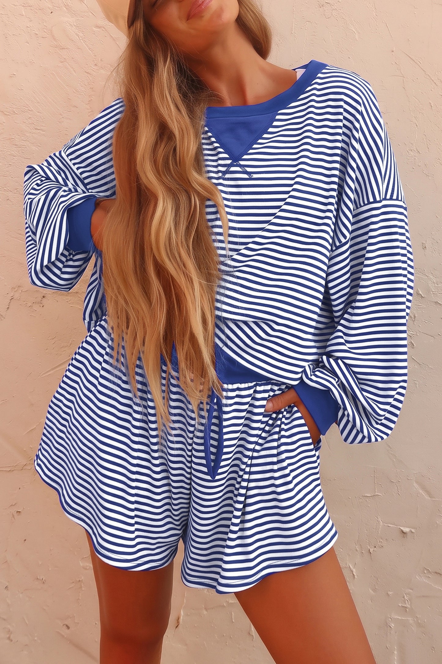 Blue Stripe Oversized Long Sleeve Top Drawstring Loose Shorts 2pcs Set-Two Piece Sets/Short Sets-[Adult]-[Female]-Blue Stripe-S-2022 Online Blue Zone Planet