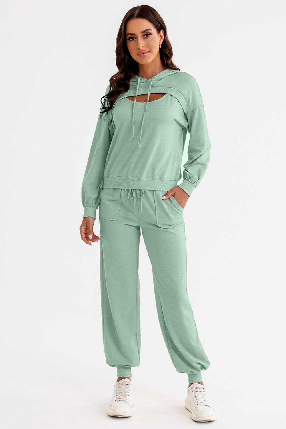 Blue Zone Planet | Cutout Drawstring Hoodie and Joggers Active Set-TOPS / DRESSES-[Adult]-[Female]-2022 Online Blue Zone Planet