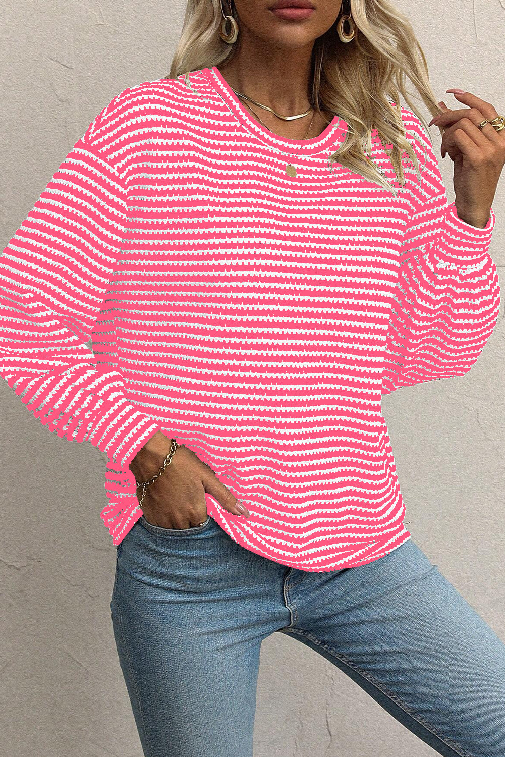 Blue Zone Planet | Rose Stripe Round Neck Drop Shoulder Long Sleeve Top-Tops/Long Sleeve Tops-[Adult]-[Female]-2022 Online Blue Zone Planet