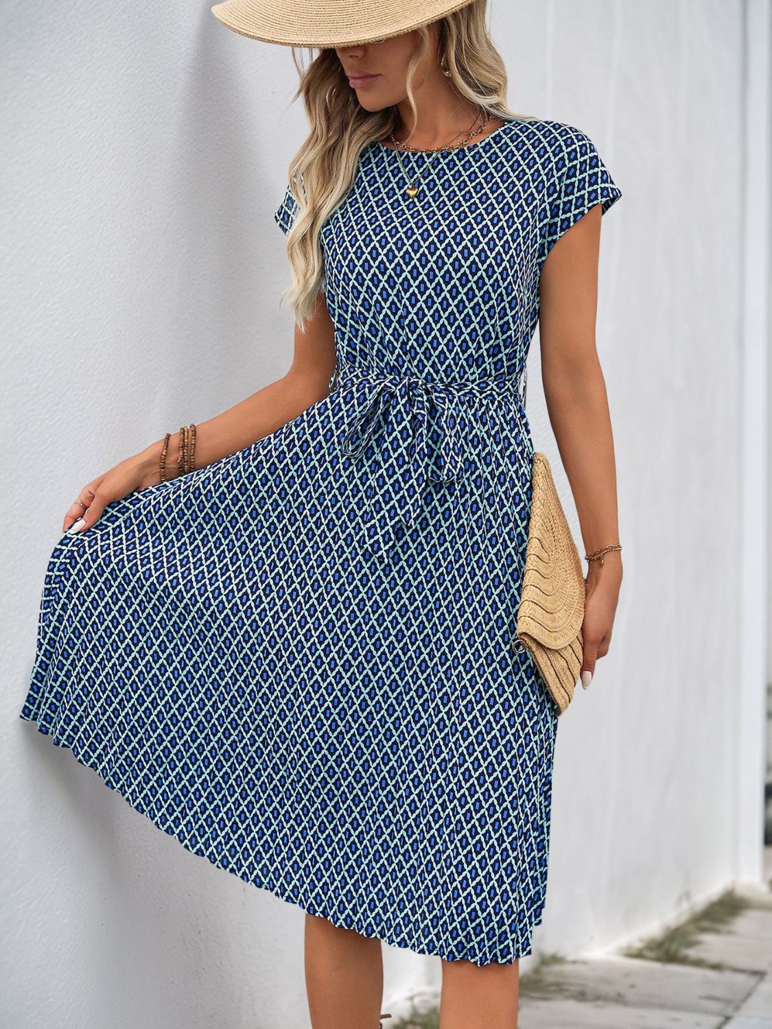 Perfee Printed Round Neck Short Sleeve Midi Dress-TOPS / DRESSES-[Adult]-[Female]-2022 Online Blue Zone Planet