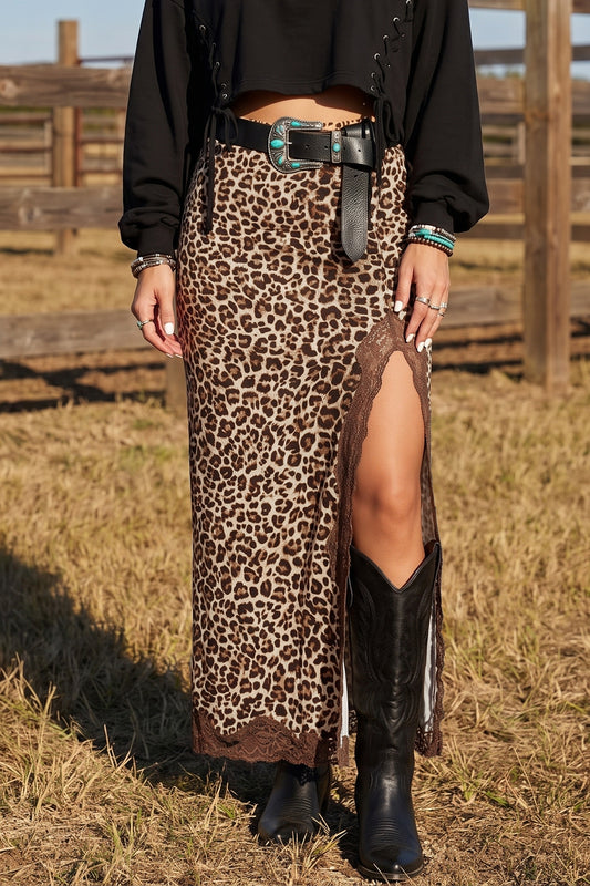 Khaki Cheetah Print Trim Split Long Western Skirt-Bottoms/Skirts & Petticoat-[Adult]-[Female]-Khaki-S-2022 Online Blue Zone Planet