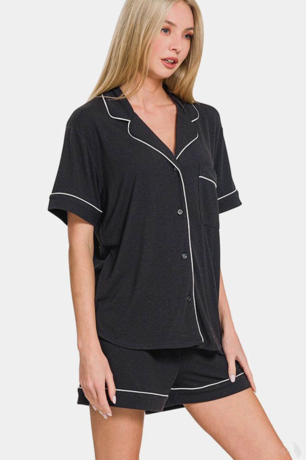 Blue Zone Planet | Zenana Button Down Short Sleeve Top and Shorts Lounge Set-TOPS / DRESSES-[Adult]-[Female]-2022 Online Blue Zone Planet