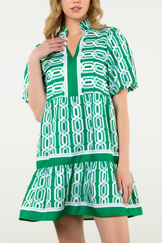 Bright Green Abstract Patterned V Neck Puff Short Sleeve Mini Dress-TOPS / DRESSES-[Adult]-[Female]-Bright Green-S-2022 Online Blue Zone Planet
