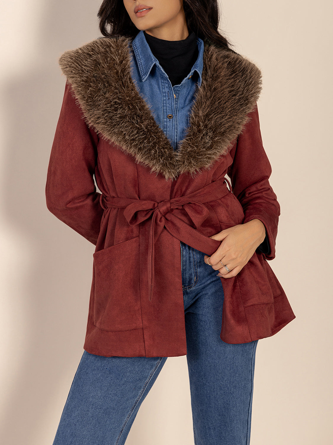 Blue Zone Planet | Fuzzy Collared Neck Tie Waist Jacket-TOPS / DRESSES-[Adult]-[Female]-2022 Online Blue Zone Planet