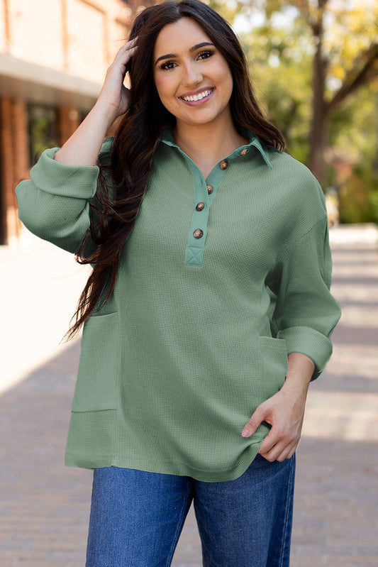 Blue Zone Planet | Smoke Green Waffle Long Sleeve Collar Half Button Loose Top-Tops/Long Sleeve Tops-[Adult]-[Female]-2022 Online Blue Zone Planet