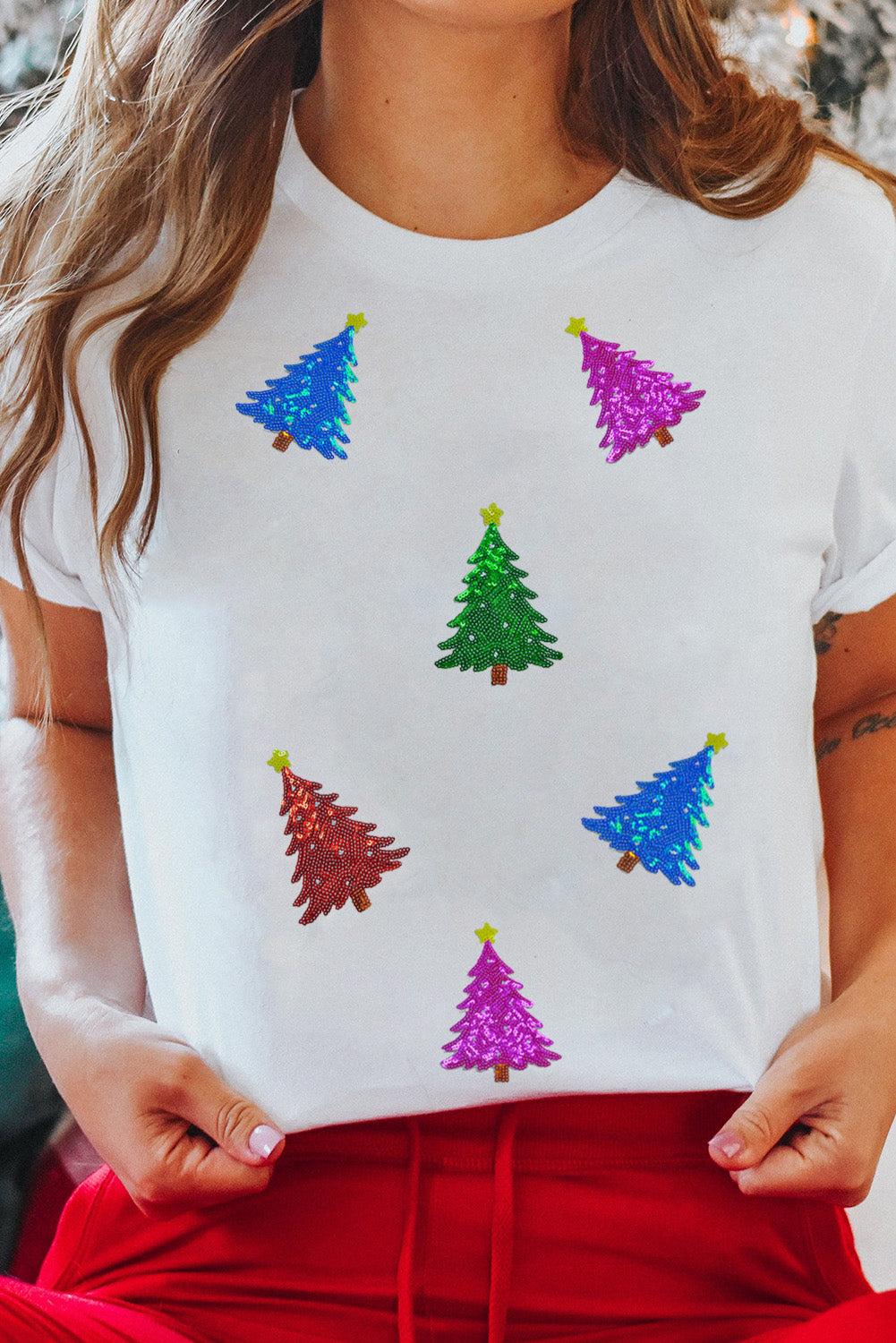 White Glitter Christmas Tree Pattern Cuffed Sleeve Christmas T Shirt-Graphic/Graphic Tees-[Adult]-[Female]-2022 Online Blue Zone Planet