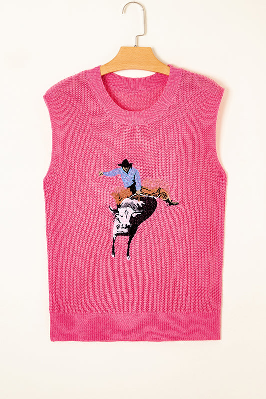 Bright Pink Western Cowboy Embroidery Round Neck Sleeveless Sweater-TOPS / DRESSES-[Adult]-[Female]-2022 Online Blue Zone Planet