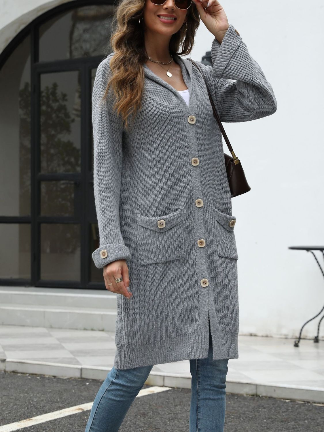 Pocketed Button Up Long Sleeve Hooded Cardigan-TOPS / DRESSES-[Adult]-[Female]-2022 Online Blue Zone Planet