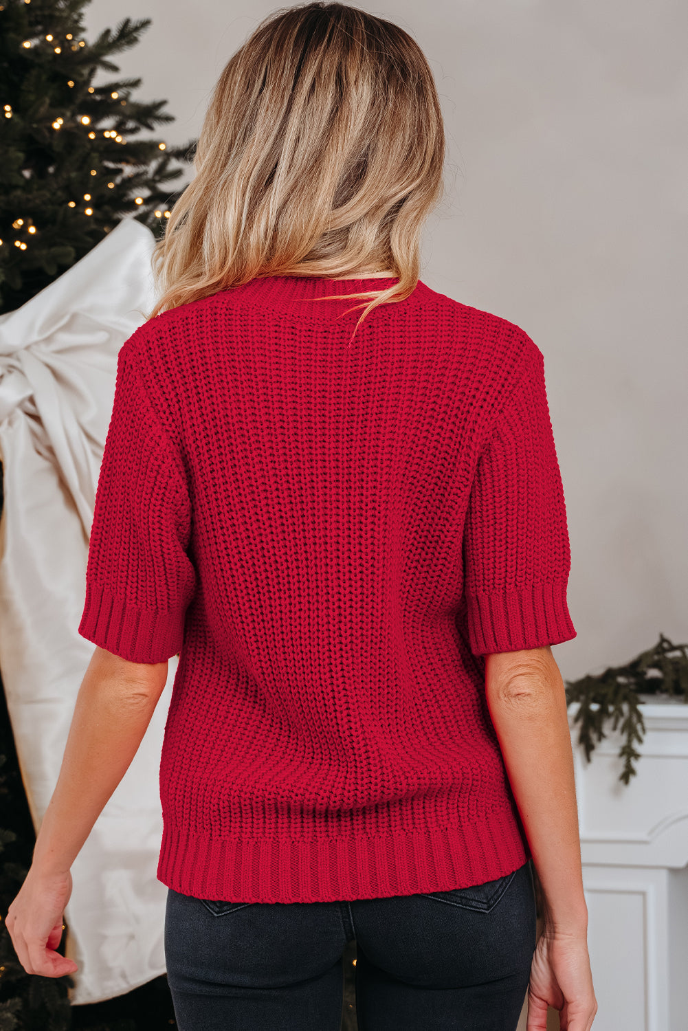 Fiery Red Plaid Lace Up Detail Christmas Holiday Puff Short Sleeve Sweater-TOPS / DRESSES-[Adult]-[Female]-2022 Online Blue Zone Planet