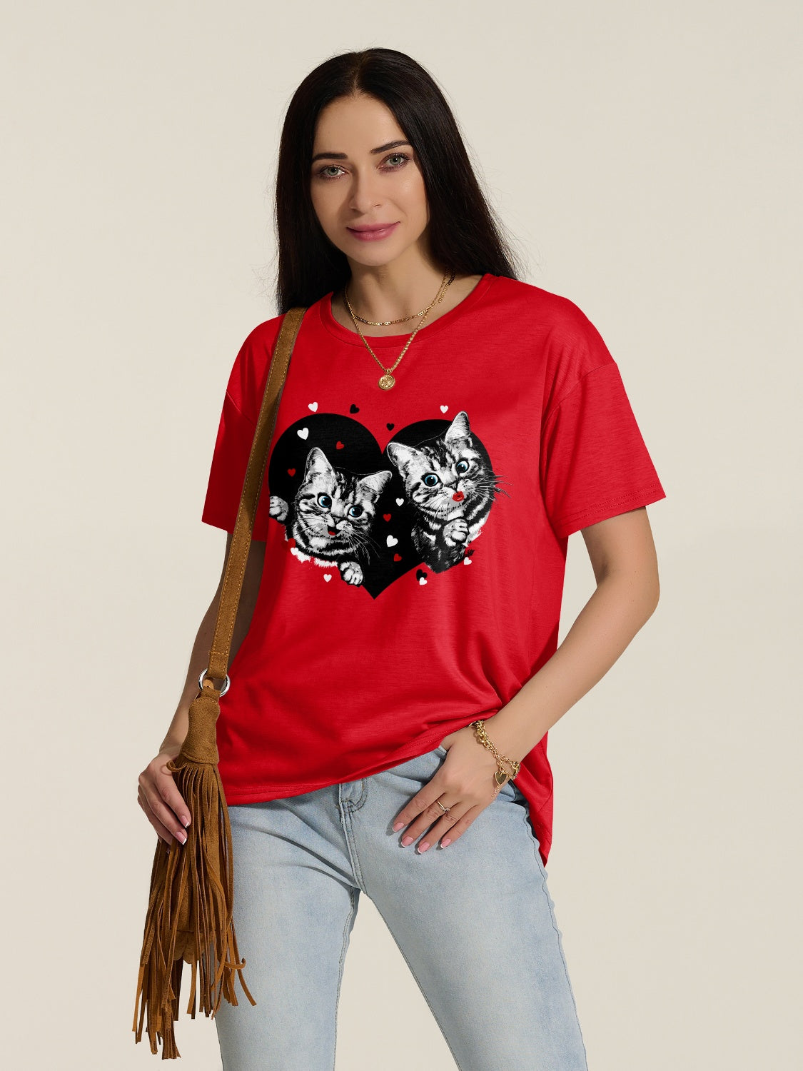 Blue Zone Planet | FAM-FAM Cat Round Neck Dropped Shoulder T-Shirt-TOPS / DRESSES-[Adult]-[Female]-Deep Red-S-2022 Online Blue Zone Planet