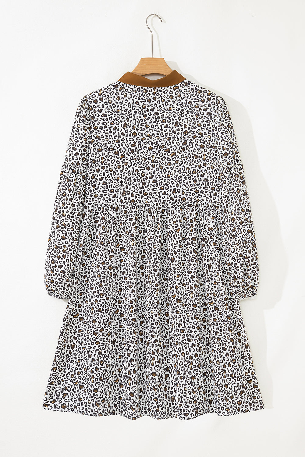 Khaki Plus Size Button V Neck Leopard Print Puff Sleeve Loose Mini Dress-TOPS / DRESSES-[Adult]-[Female]-2022 Online Blue Zone Planet