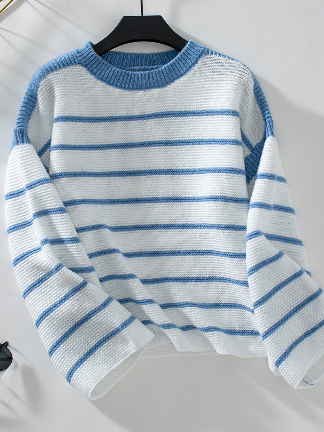 Blue Zone Planet | Striped Round Neck Long Sleeve Sweater-TOPS / DRESSES-[Adult]-[Female]-Blue-S-2022 Online Blue Zone Planet