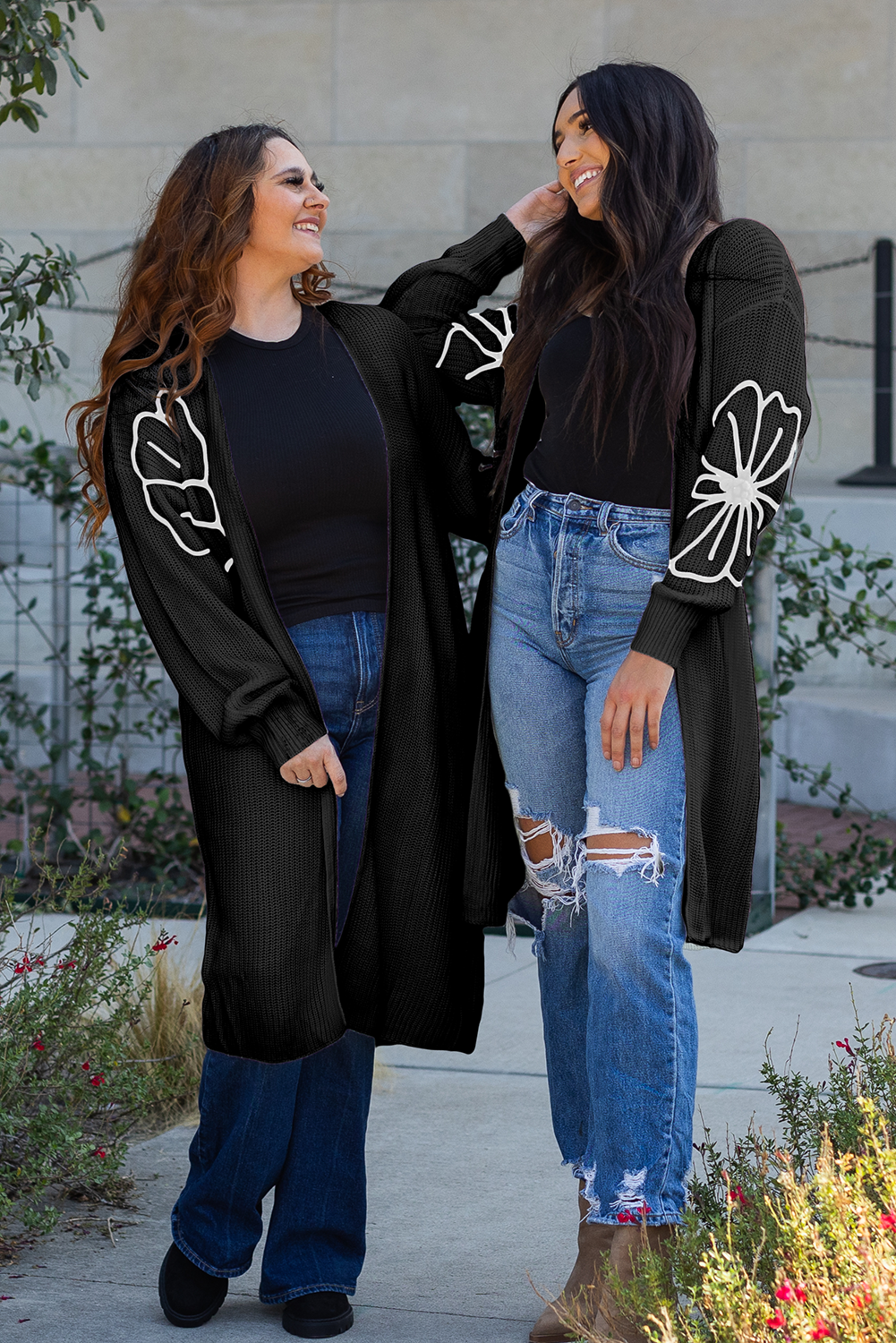 Blue Zone Planet | Black Flower Embroidered Drop Shoulder Open Front Duster Cardigan-Sweaters & Cardigans/Cardigans-[Adult]-[Female]-2022 Online Blue Zone Planet