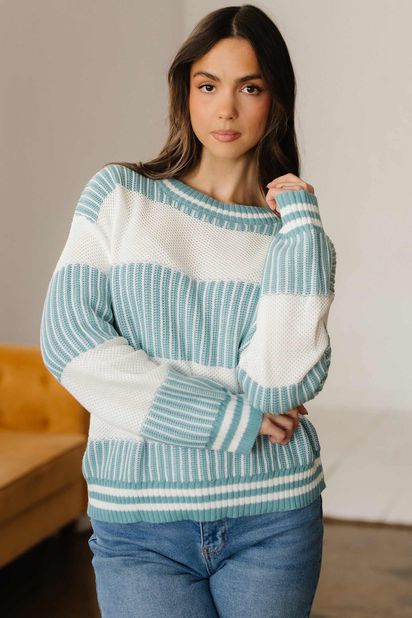 Bella's Striped Patchwork Drop Shoulder Oversized Sweater-TOPS / DRESSES-[Adult]-[Female]-2022 Online Blue Zone Planet