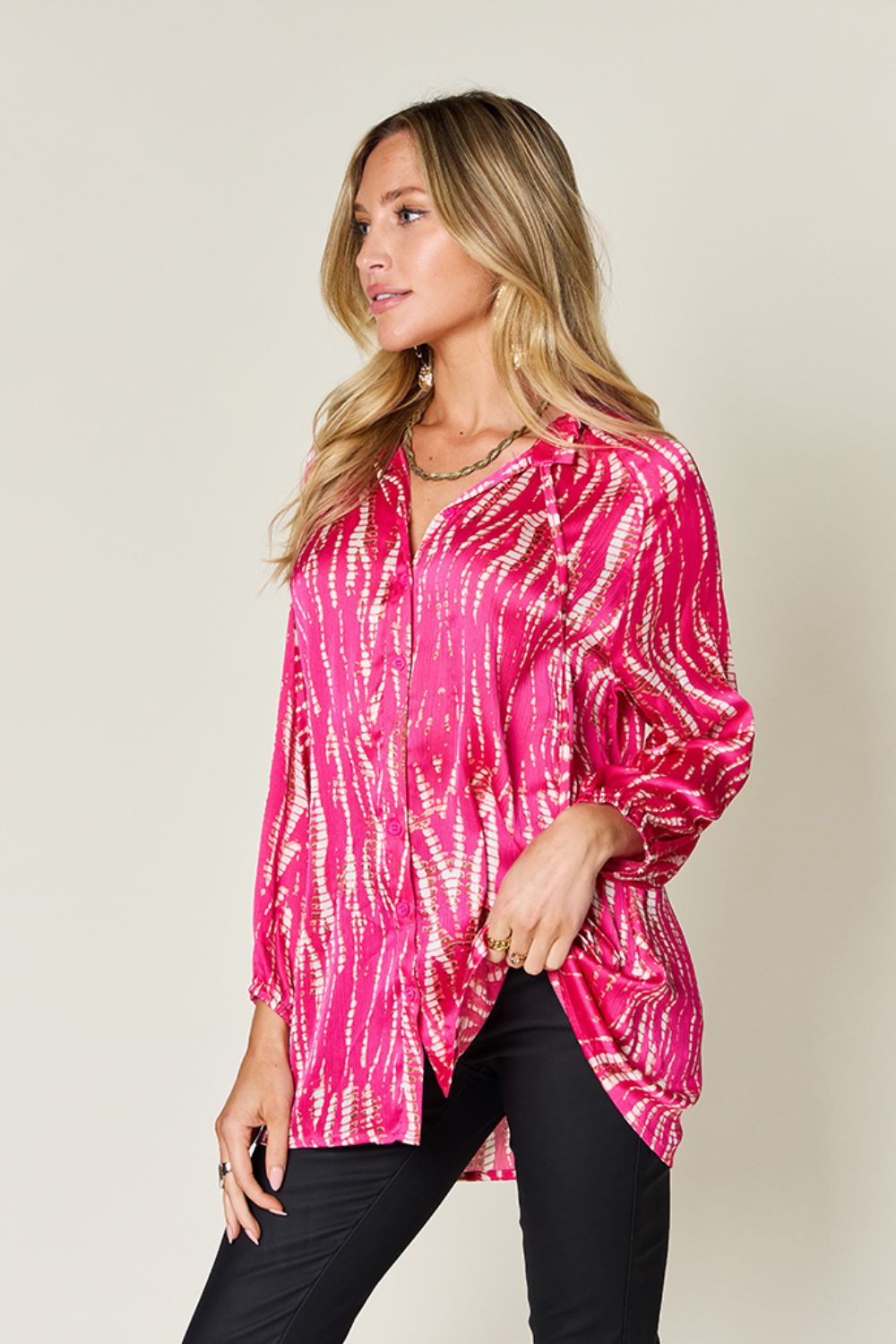 Double Take Full Size Printed Button Up Long Sleeve Shirt-TOPS / DRESSES-[Adult]-[Female]-2022 Online Blue Zone Planet