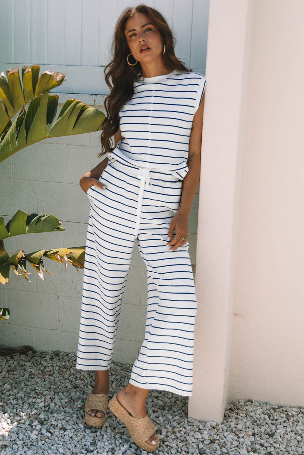 Sail Blue Casual Wide Leg 2pcs Pants Set-Two Piece Sets/Pant Sets-[Adult]-[Female]-2022 Online Blue Zone Planet
