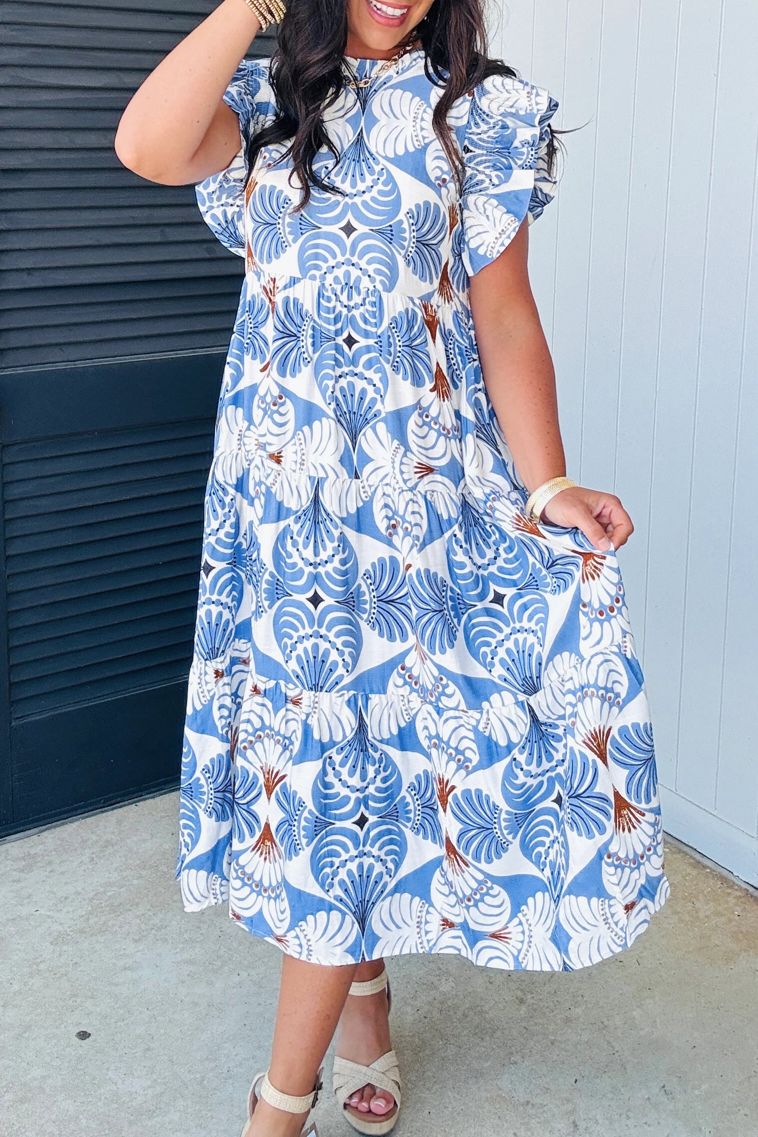 Sky Blue Tropical Botanic Print Flutter Sleeve Vacation Long Dress-Dresses/Maxi Dresses-[Adult]-[Female]-Sky Blue-S-2022 Online Blue Zone Planet