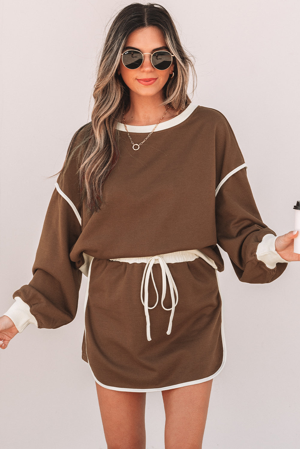Blue Zone Planet | Rose Red Color Contrast Loose Pullover and Lace-up Waist Skort Set-Two Piece Sets/Two Piece Dresses-[Adult]-[Female]-2022 Online Blue Zone Planet