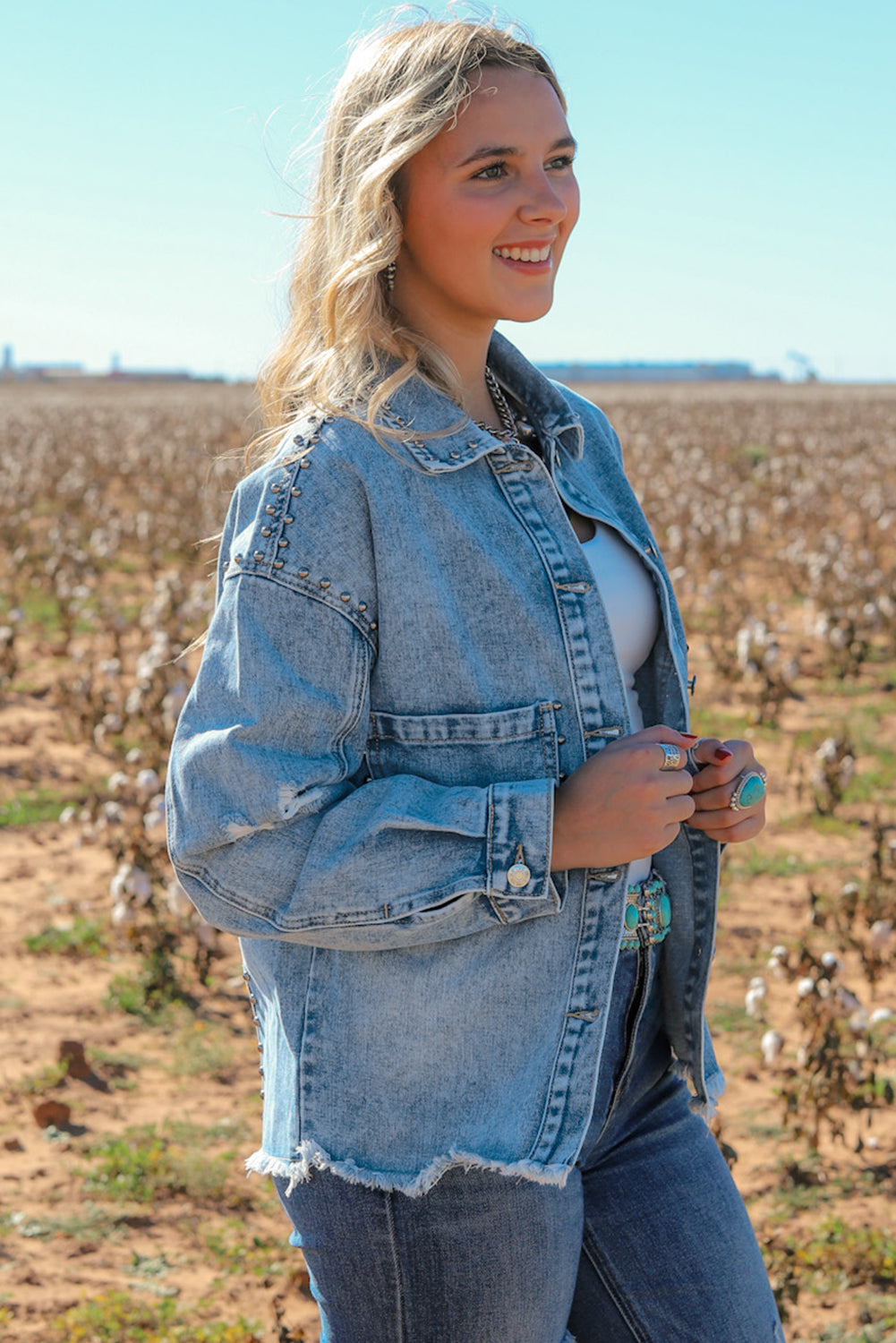 Blue Zone Planet | Sky Blue Studded Acid Wash Denim Jacket-Outerwear/Denim jackets-[Adult]-[Female]-2022 Online Blue Zone Planet