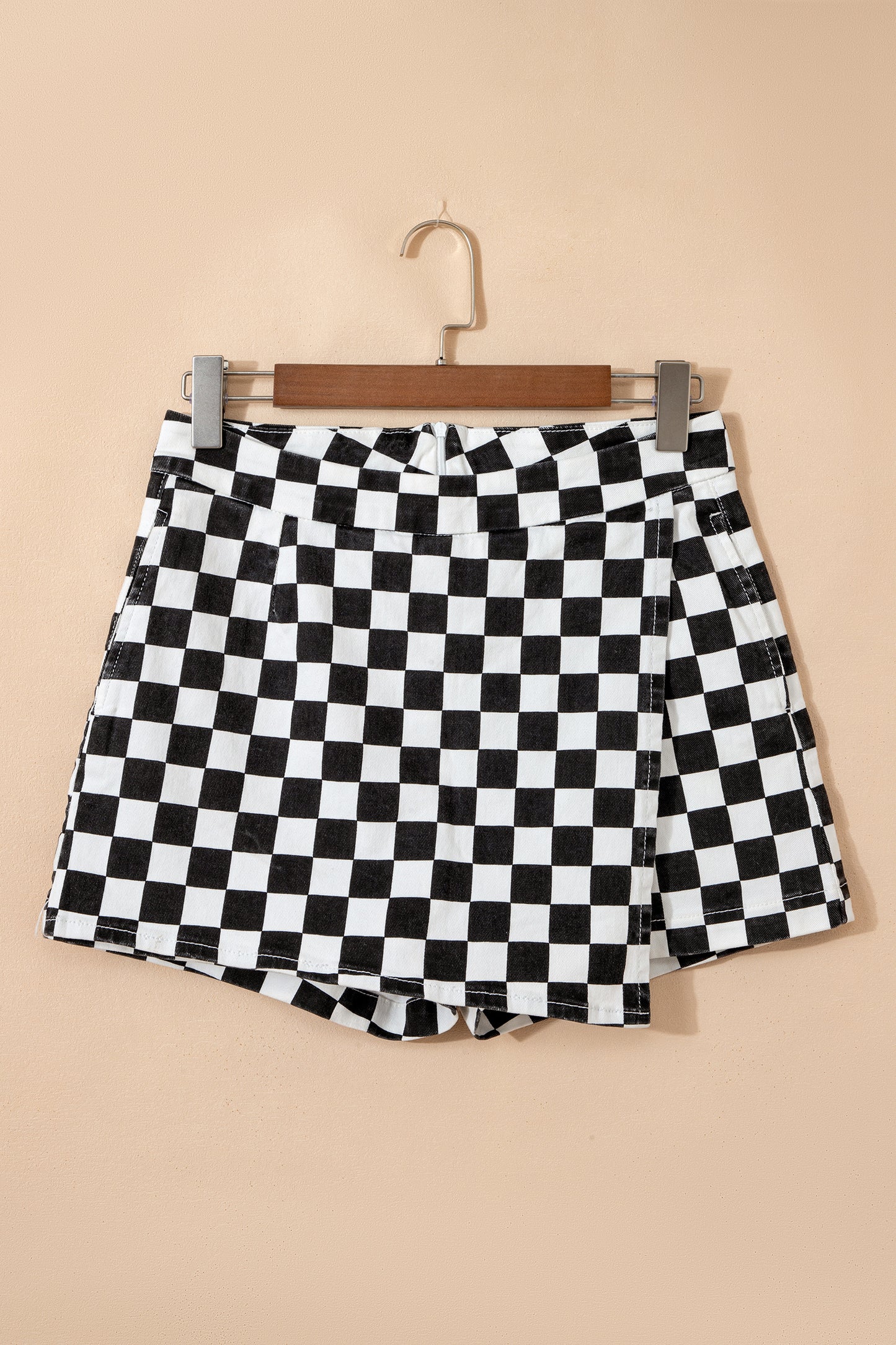 Black Checkered Print Overlap Denim Shorts-Bottoms/Denim Shorts-[Adult]-[Female]-2022 Online Blue Zone Planet