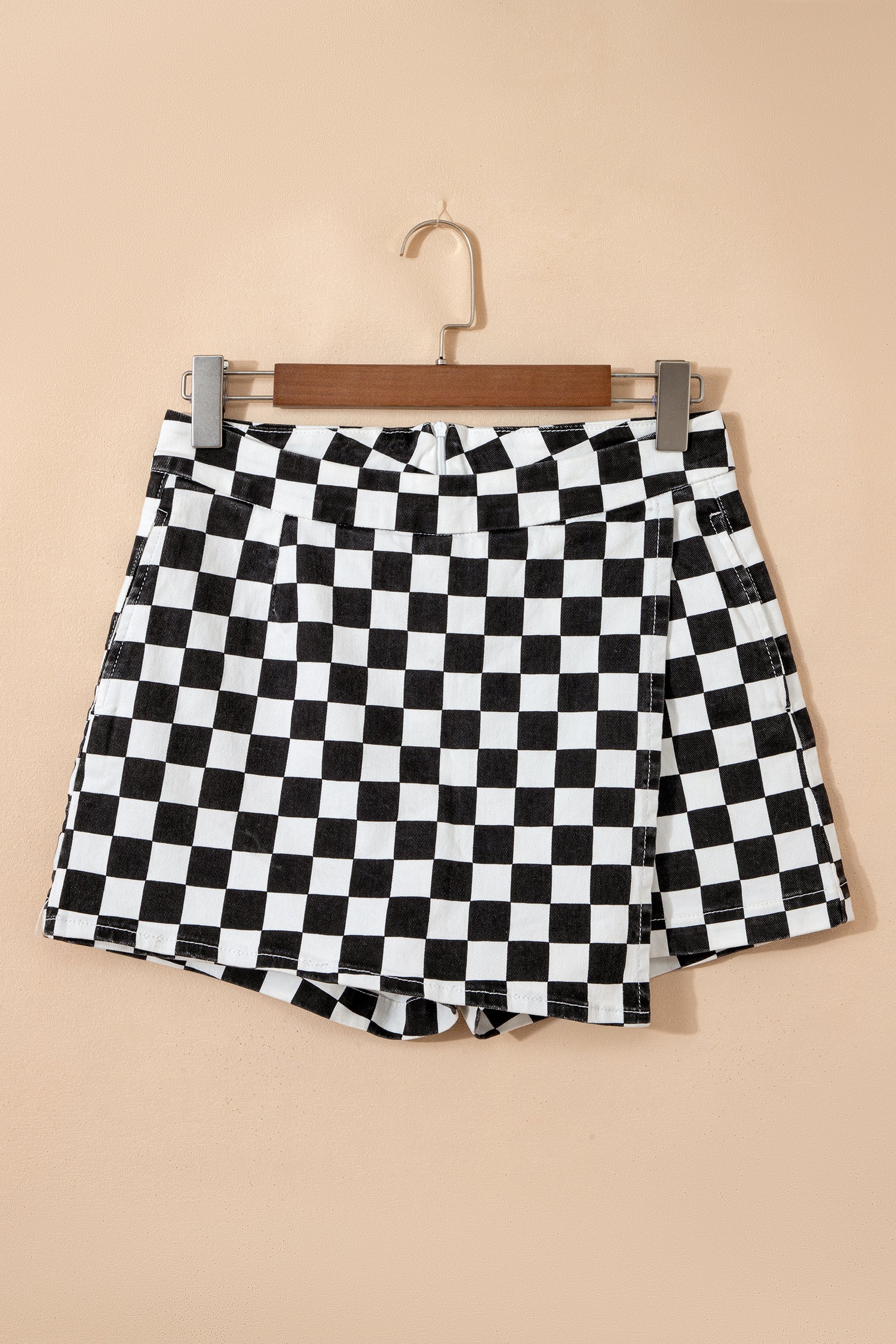 Black Checkered Print Overlap Denim Shorts-Bottoms/Denim Shorts-[Adult]-[Female]-2022 Online Blue Zone Planet