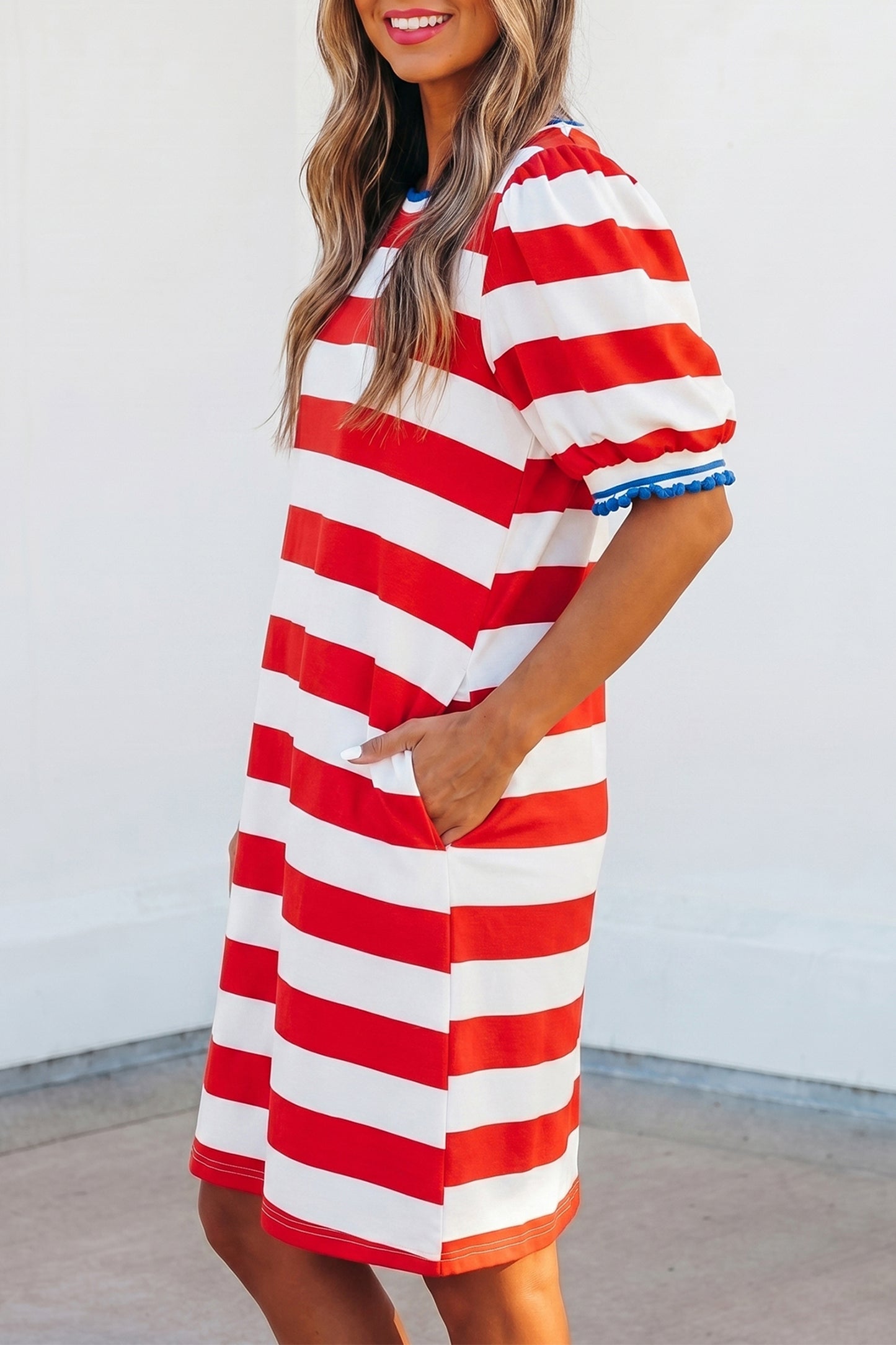 Blue Stripe Contrast Trim Round Neck Short Puff Sleeve Shift Mini Dress-TOPS / DRESSES-[Adult]-[Female]-2022 Online Blue Zone Planet