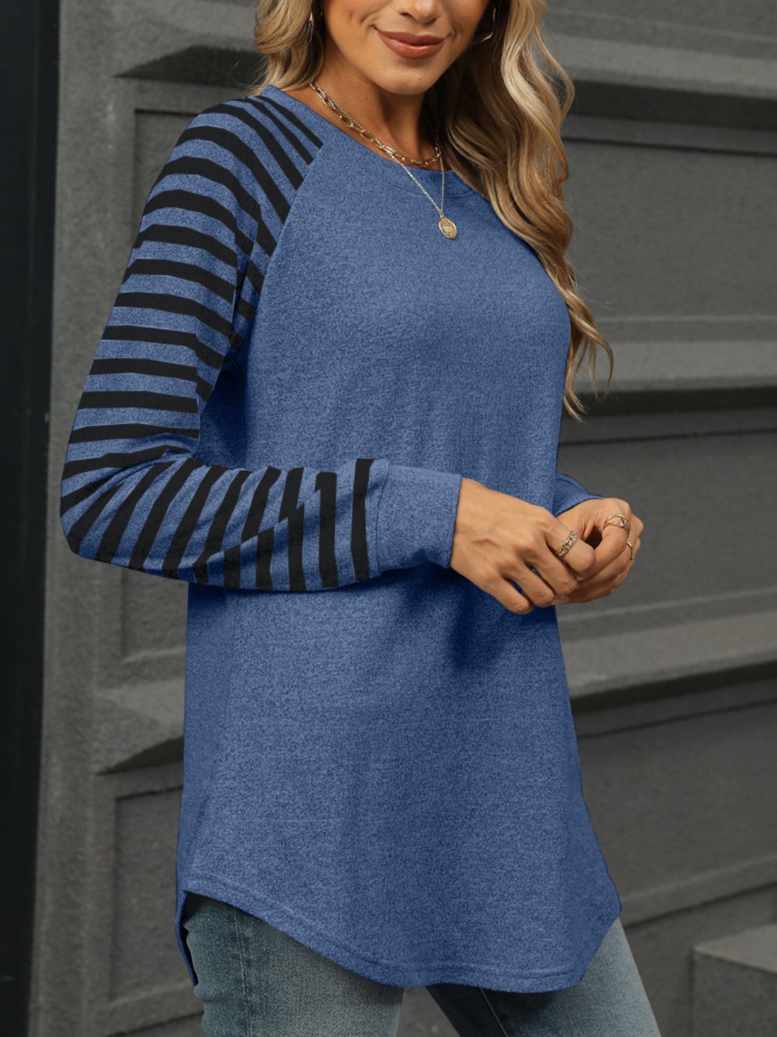 Blue Zone Planet | Striped Round Neck Long Sleeve T-Shirt-TOPS / DRESSES-[Adult]-[Female]-2022 Online Blue Zone Planet