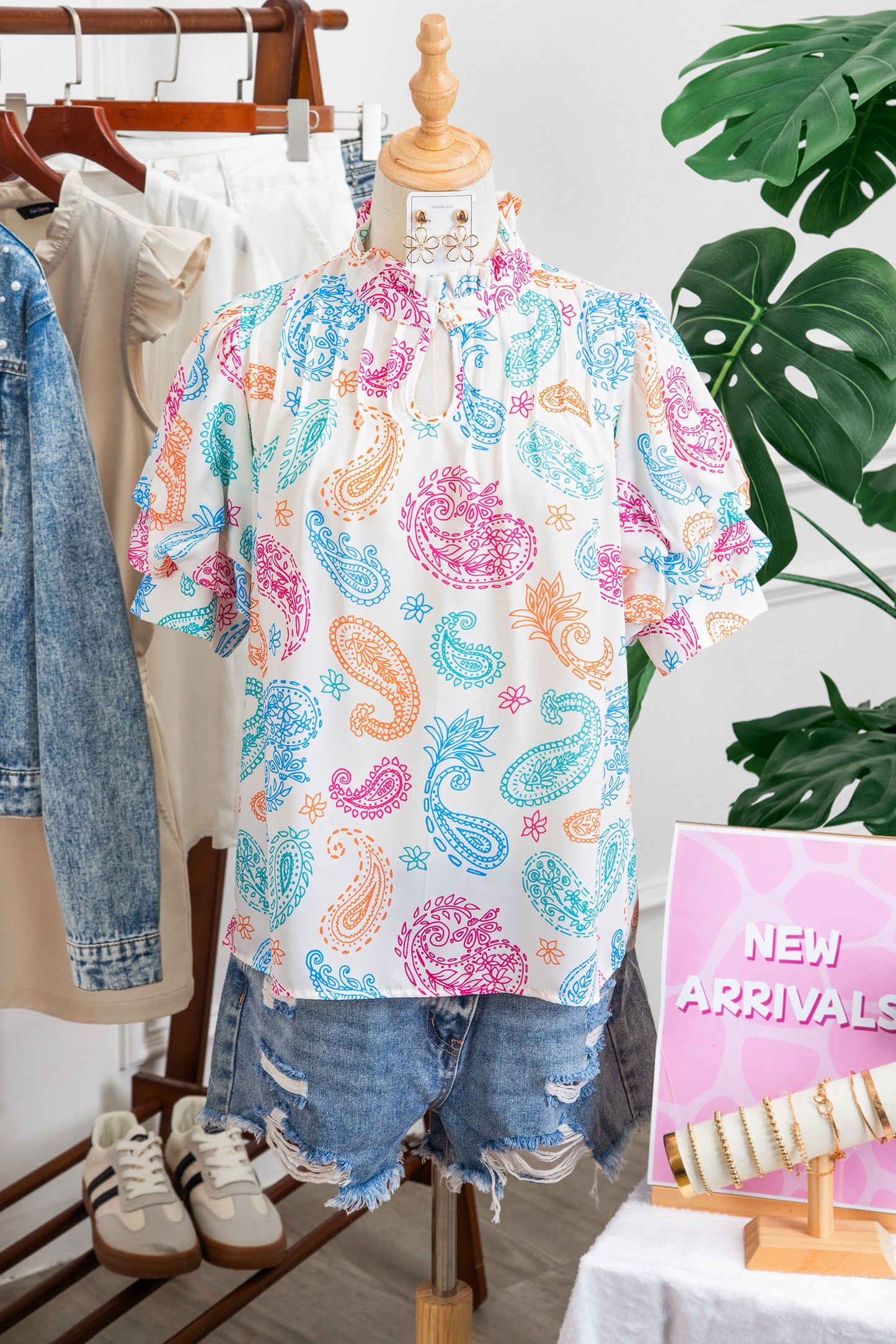 Multicolour Vibrant Paisley Printed Button Keyhole Puff Sleeve Blouse-Tops/Blouses & Shirts-[Adult]-[Female]-2022 Online Blue Zone Planet