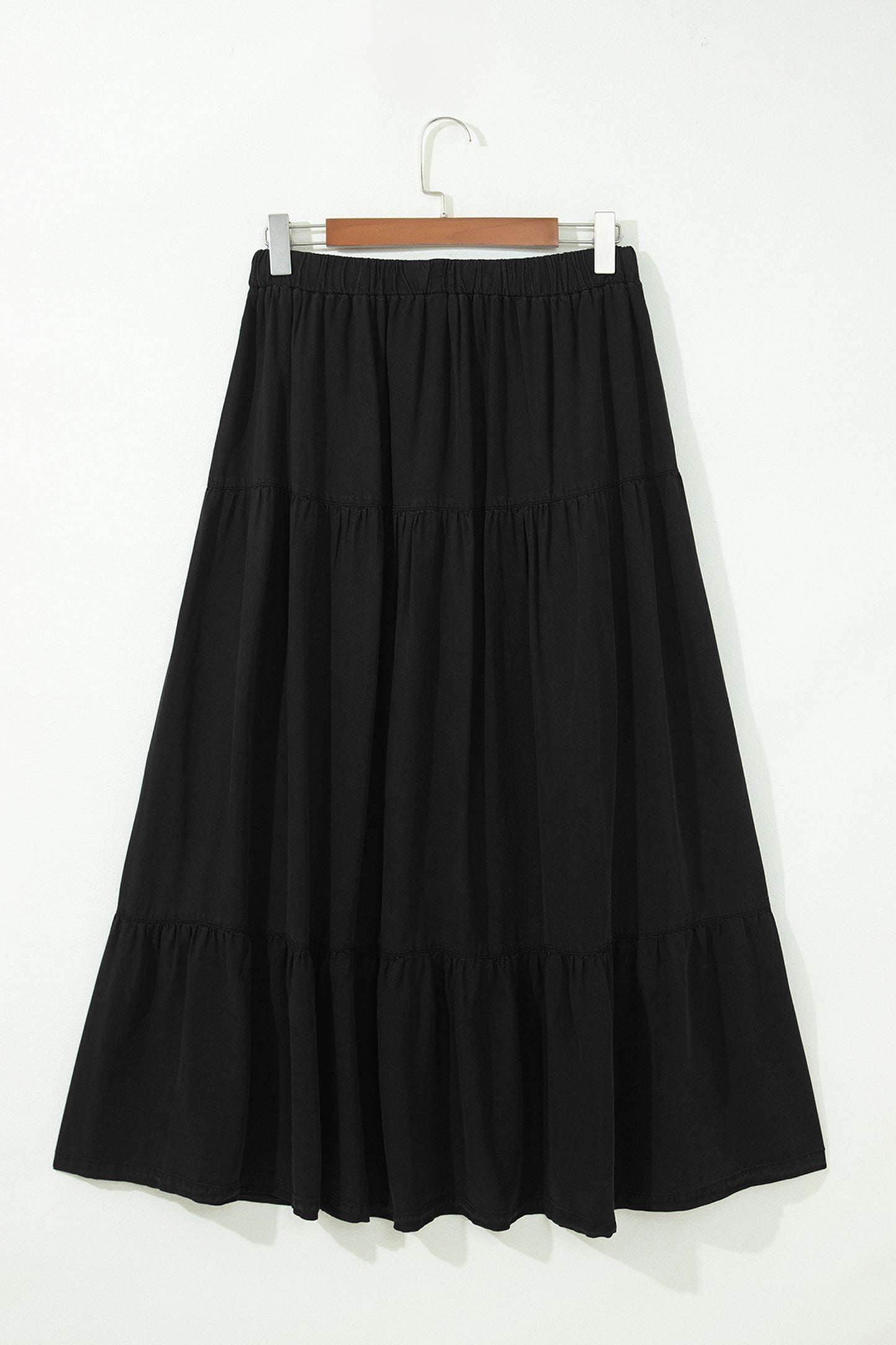 Black Elastic Waist Ruffled Tiered Flared Denim Maxi Skirt-Bottoms/Skirts & Petticoat-[Adult]-[Female]-2022 Online Blue Zone Planet