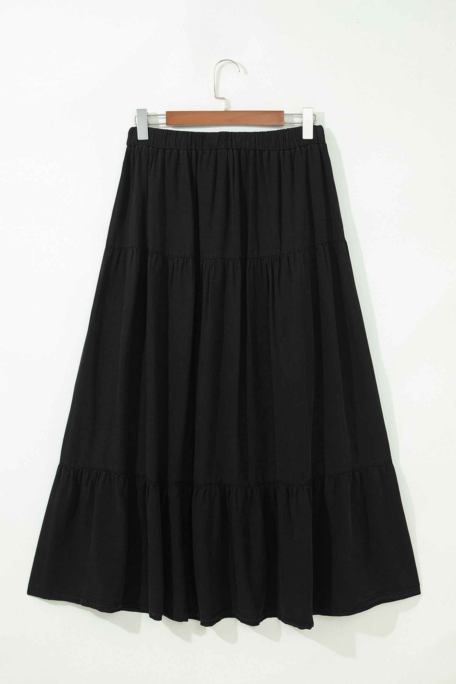Black Elastic Waist Ruffled Tiered Flared Denim Maxi Skirt-Bottoms/Skirts & Petticoat-[Adult]-[Female]-2022 Online Blue Zone Planet