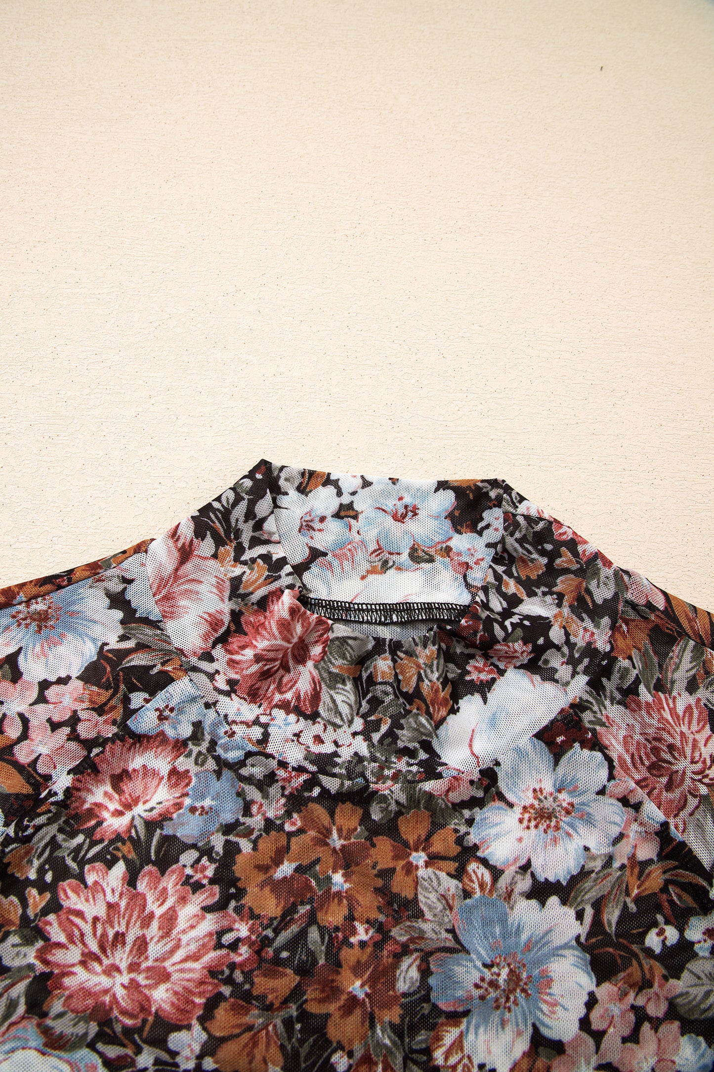 Brown Floral Print High Neck Short Sleeve Mesh Top-Tops/Tops & Tees-[Adult]-[Female]-2022 Online Blue Zone Planet
