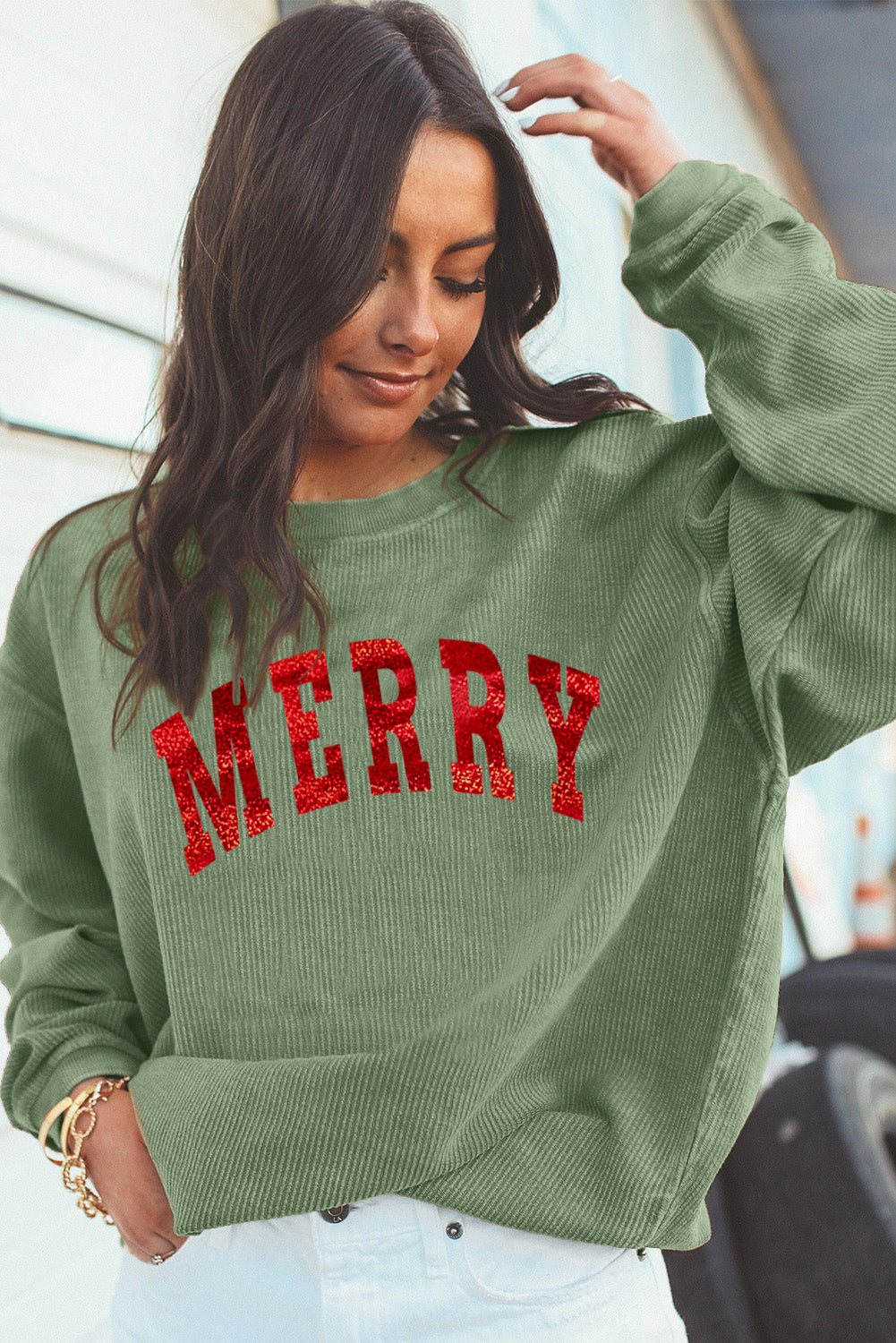 Grass Green Christmas MERRY Letter Printed Corded Baggy Sweatshirt-Graphic Sweatshirts-[Adult]-[Female]-2022 Online Blue Zone Planet