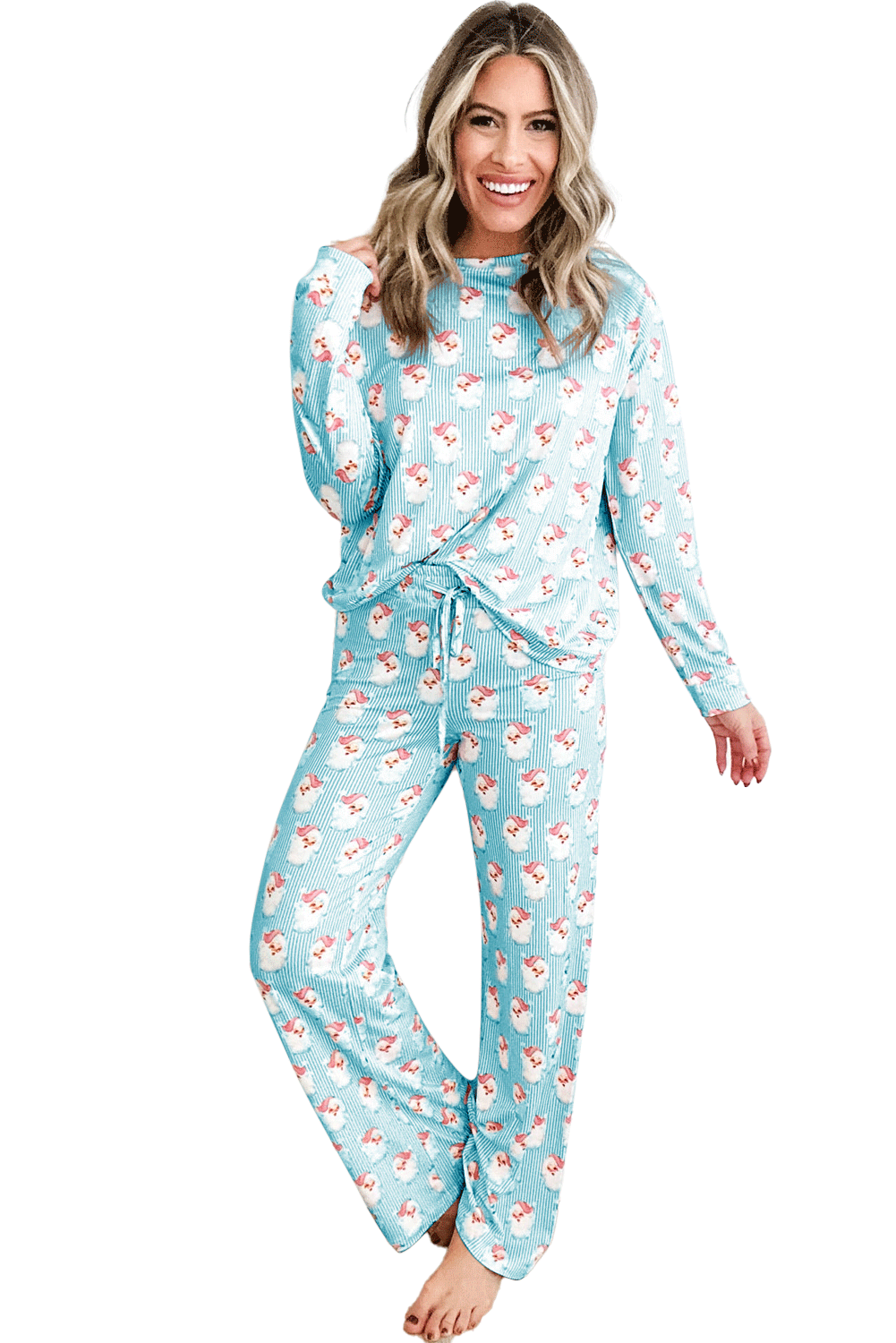 Pink Santa Claus Striped Print Loose Fit Two Piece Loungewear Set-Loungewear Set-[Adult]-[Female]-2022 Online Blue Zone Planet