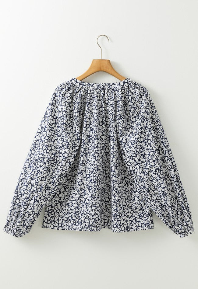 Floral Print Notched Long Sleeve Blouse-TOPS / DRESSES-[Adult]-[Female]-2022 Online Blue Zone Planet