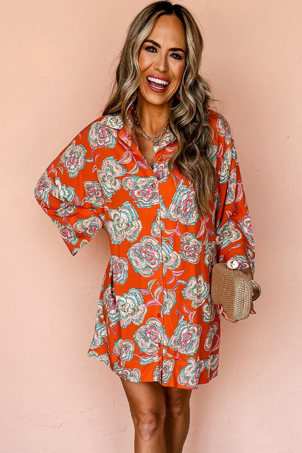 Blue Zone Planet | Red Floral Print Lapel Collar Loose Shirt Mini Dress-TOPS / DRESSES-[Adult]-[Female]-2022 Online Blue Zone Planet