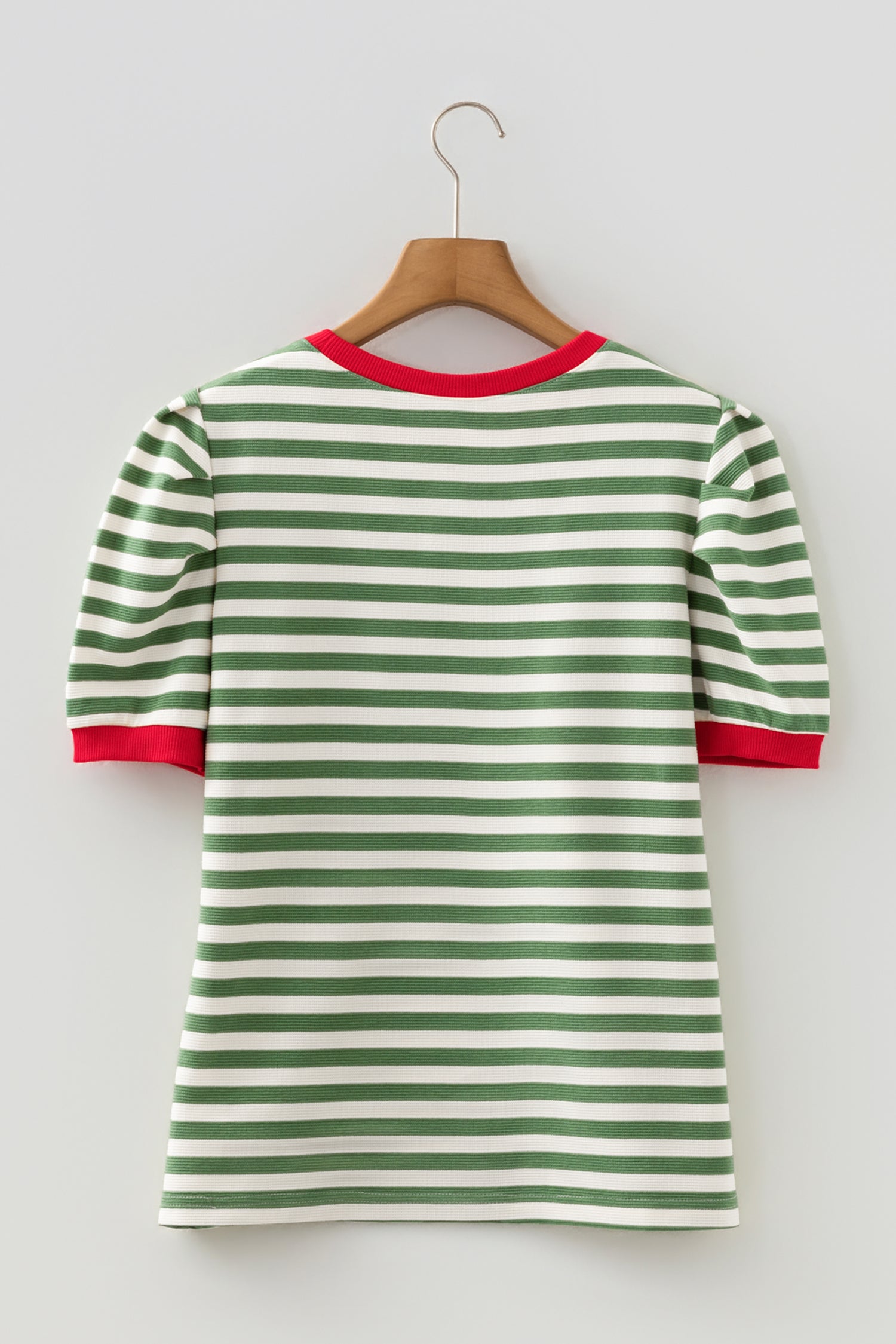 Green Stripe Short Puff Sleeve Contrast Trim Round Neck Tee-Tops/Tops & Tees-[Adult]-[Female]-2022 Online Blue Zone Planet