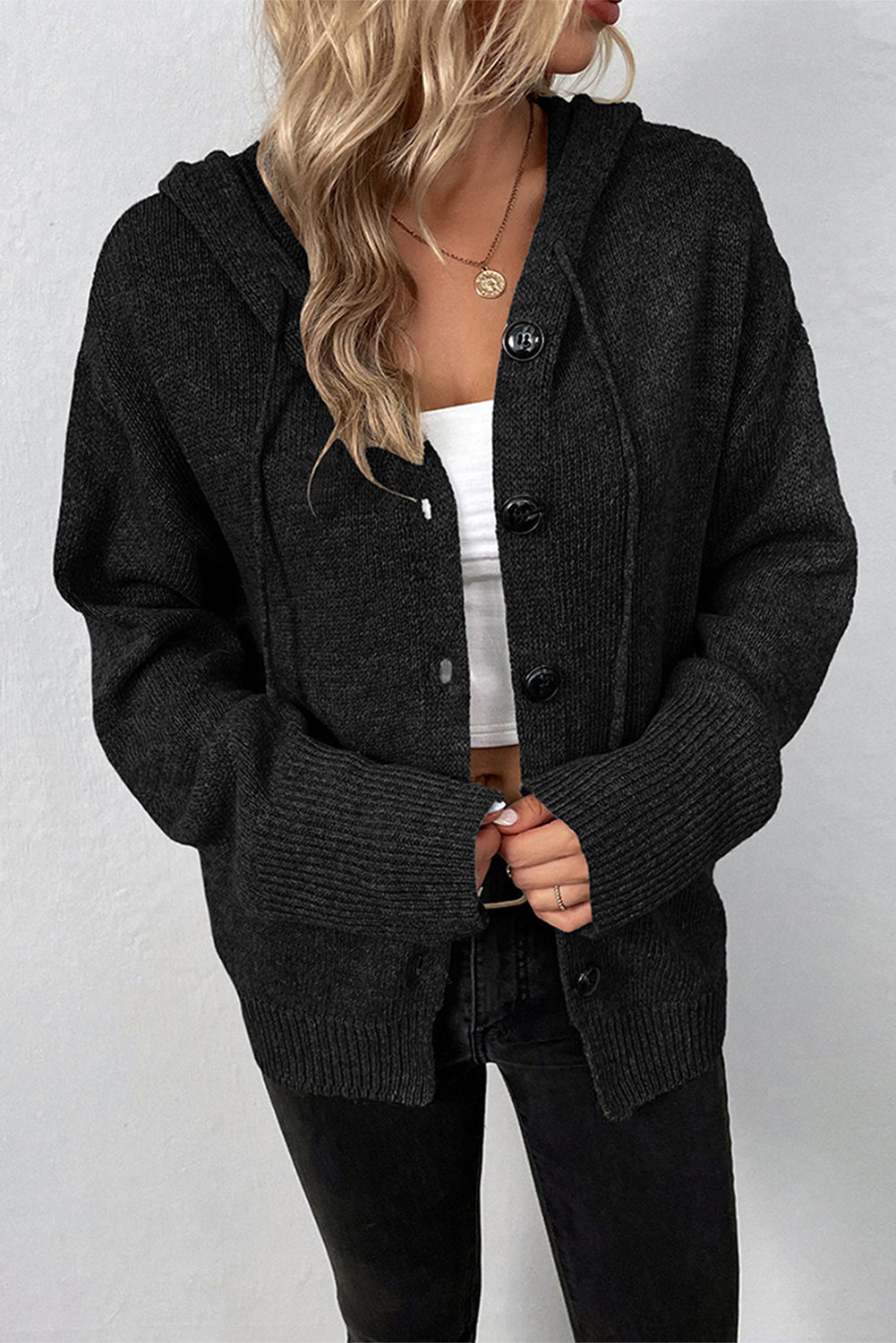 Medium Grey Drawstring Hooded Button Up Drop Shoulder Sweater Cardigan-Tops / Dresses-[Adult]-[Female]-2022 Online Blue Zone Planet
