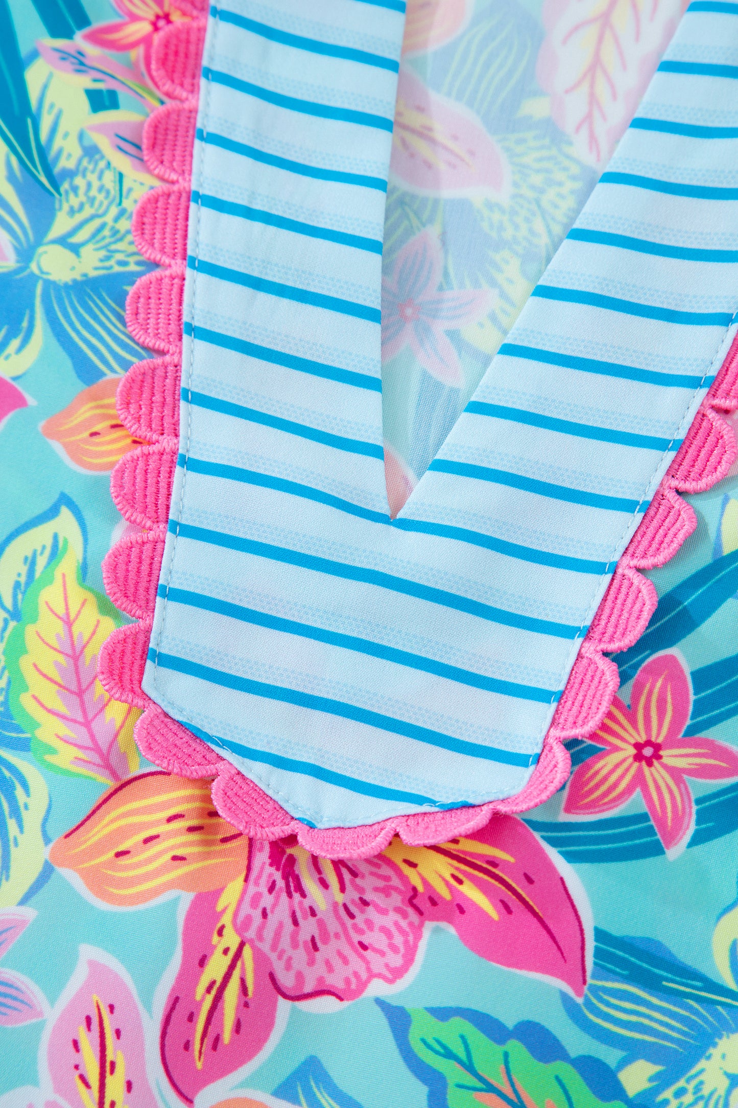 Multicolour Floral Print Contrast Scallop Striped Trim V Neck Dress-TOPS / DRESSES-[Adult]-[Female]-2022 Online Blue Zone Planet