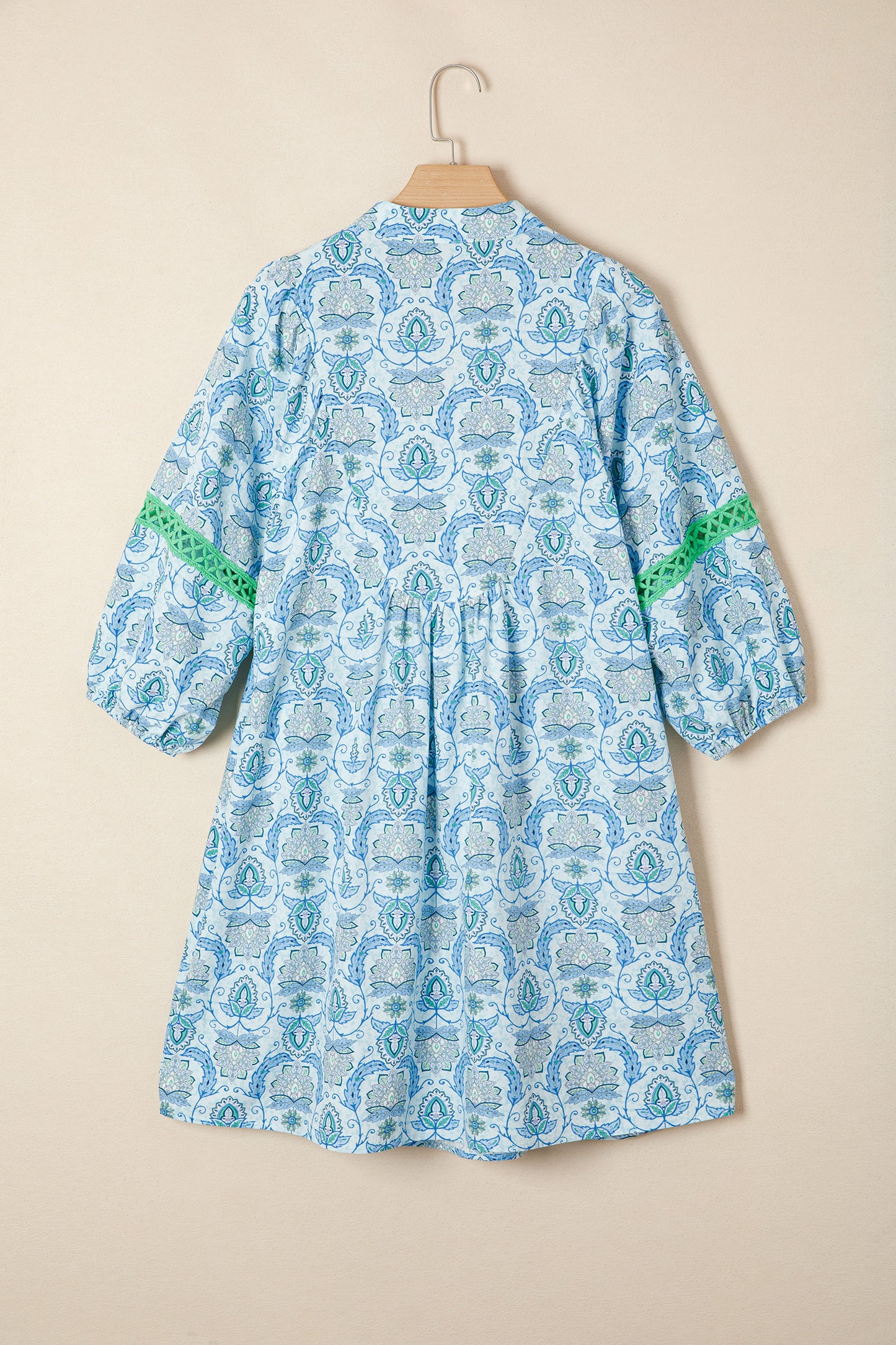 Sky Blue Boho Paisley Print Contrasted Patchwork Detail Bracelet Sleeve Loose Mini Dress