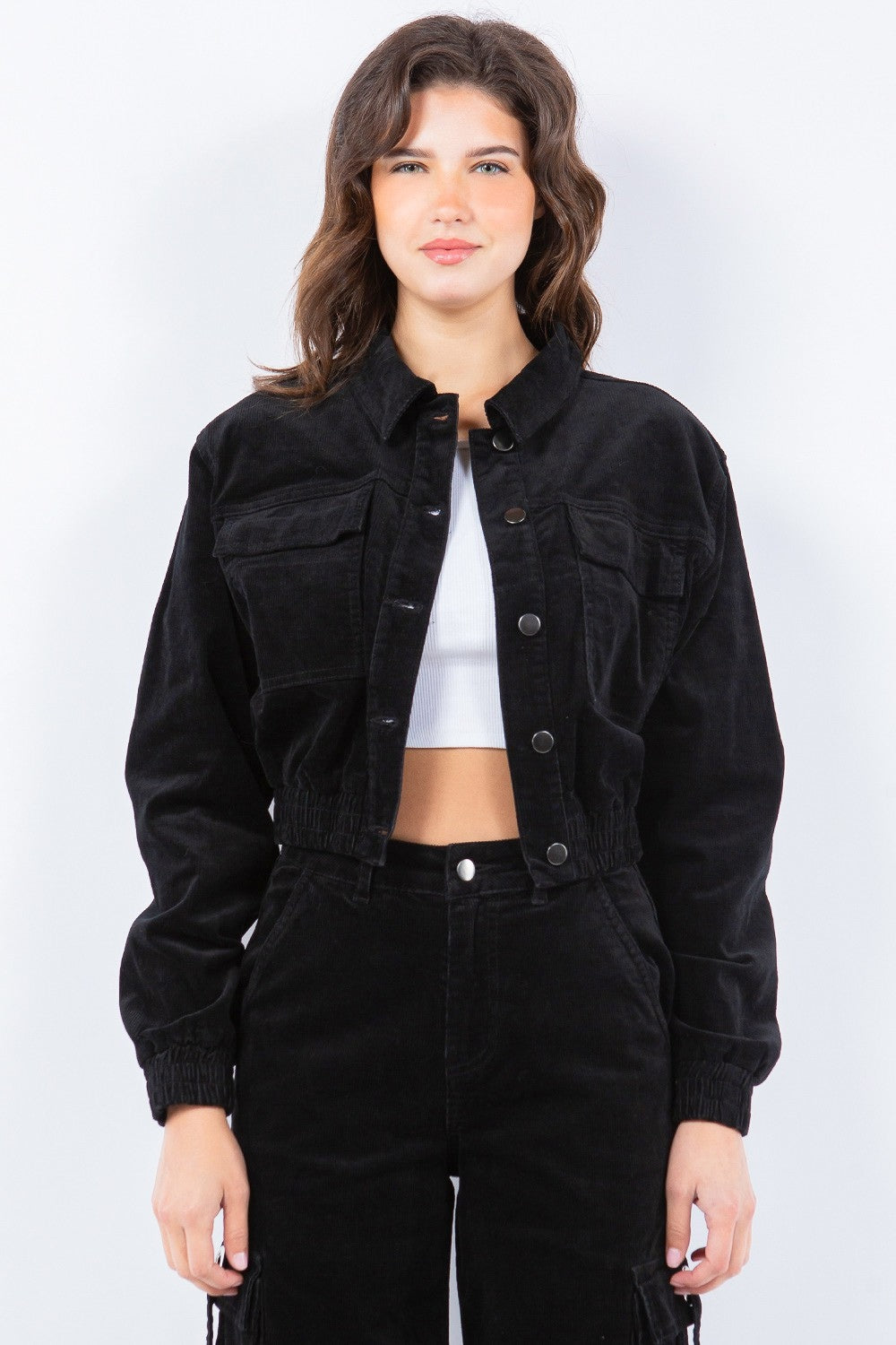 American Bazi Button Up Cropped Corduroy Jackets-TOPS / DRESSES-[Adult]-[Female]-Black-S-2022 Online Blue Zone Planet