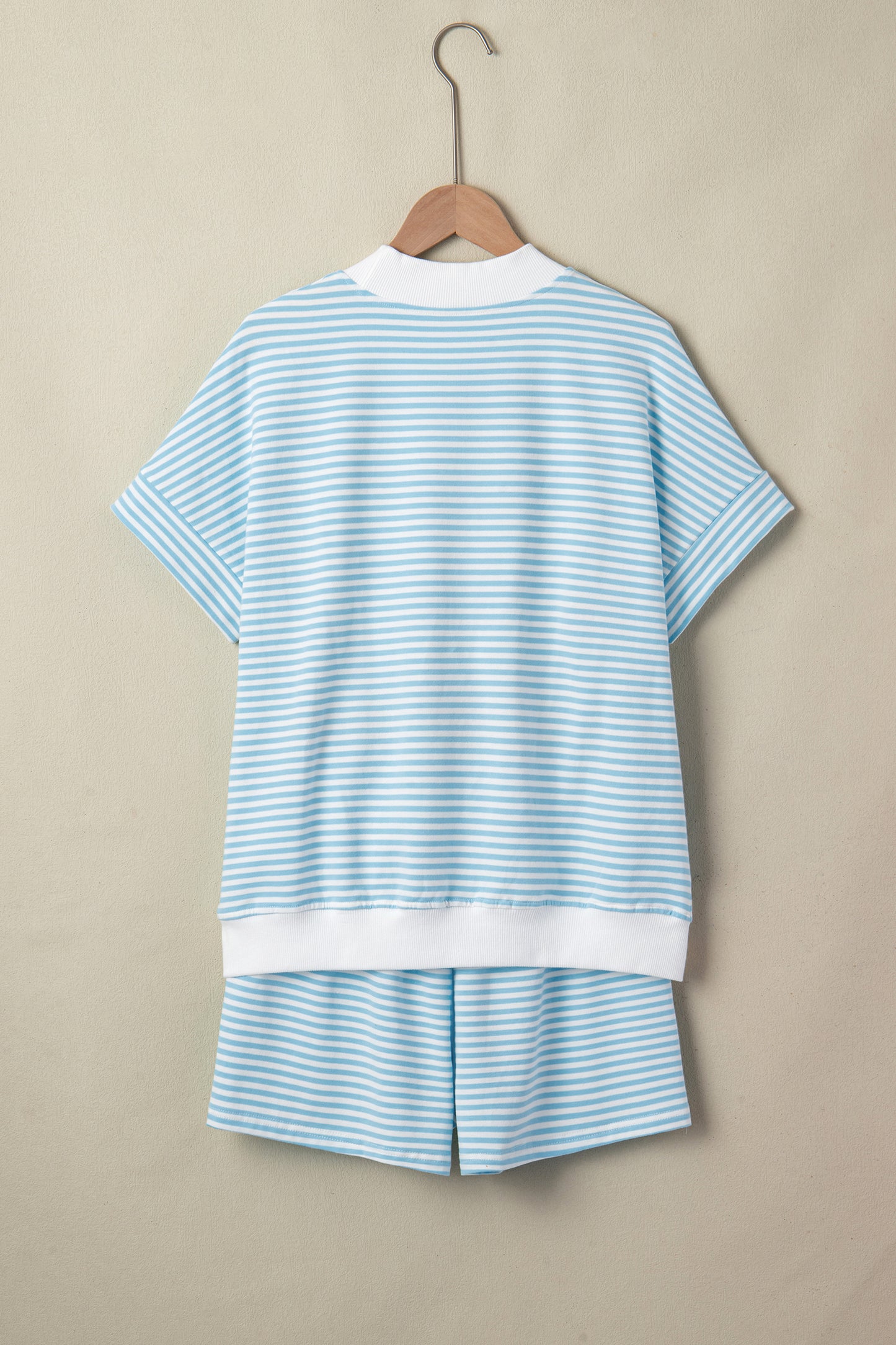 Pink Stripe Cuffed Sleeve Contrast Mock Neck Tee Casual 2pcs Short Set-Two Piece Sets/Short Sets-[Adult]-[Female]-2022 Online Blue Zone Planet