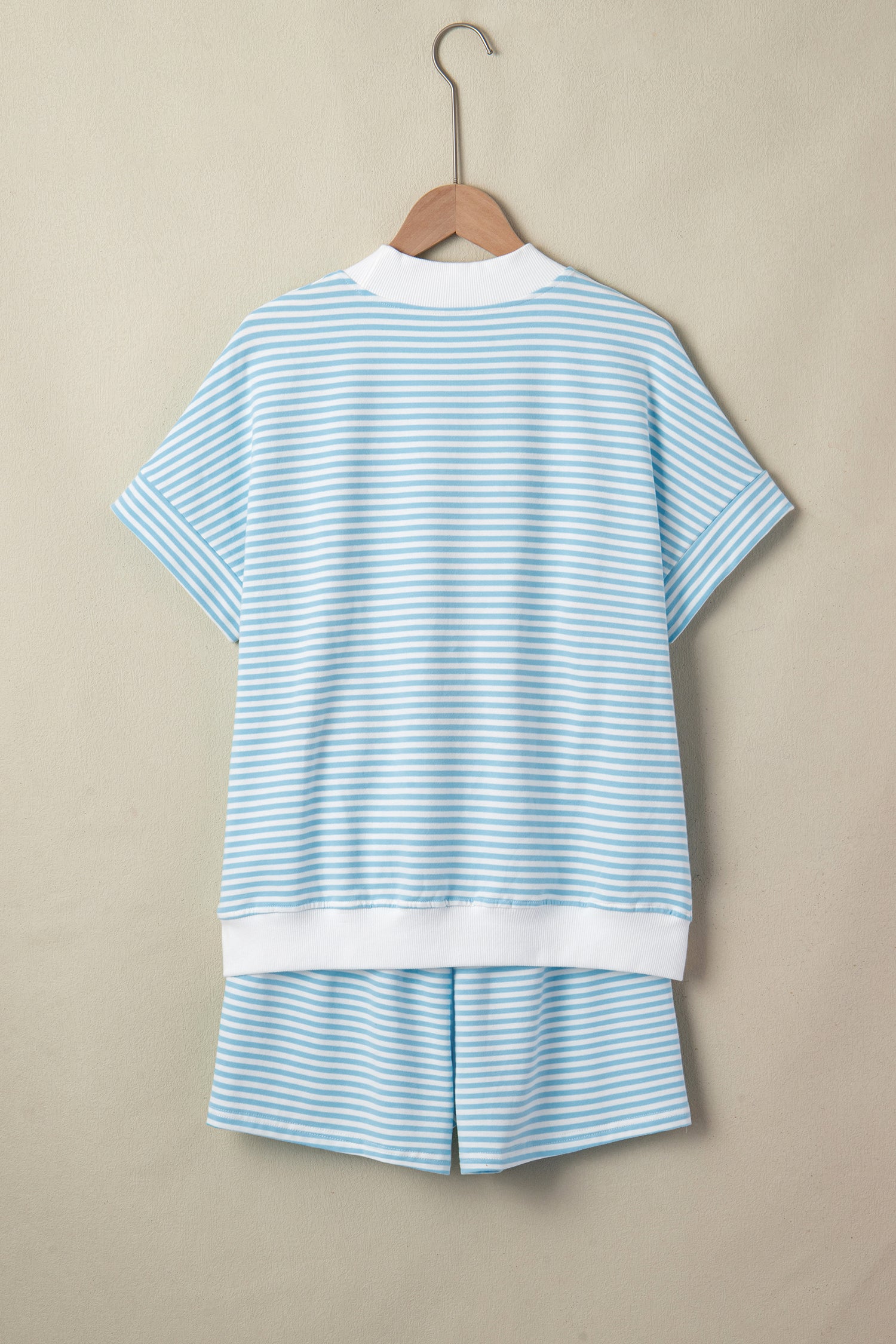 Pink Stripe Cuffed Sleeve Contrast Mock Neck Tee Casual 2pcs Short Set-Two Piece Sets/Short Sets-[Adult]-[Female]-2022 Online Blue Zone Planet